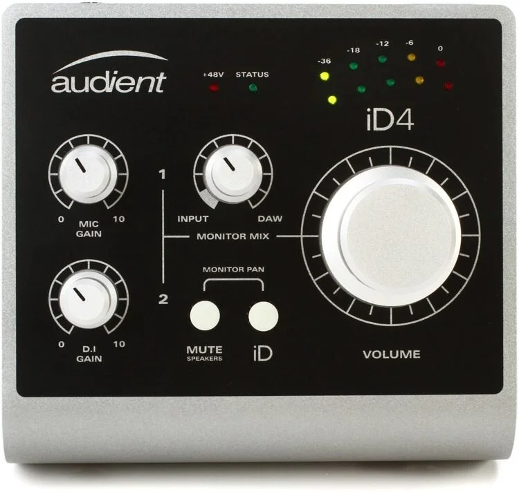 RECOMMENDED AUDIO INTERFACE: Audient ID4 - this unit has excellent mic preamps and does everything you need to start recording at home