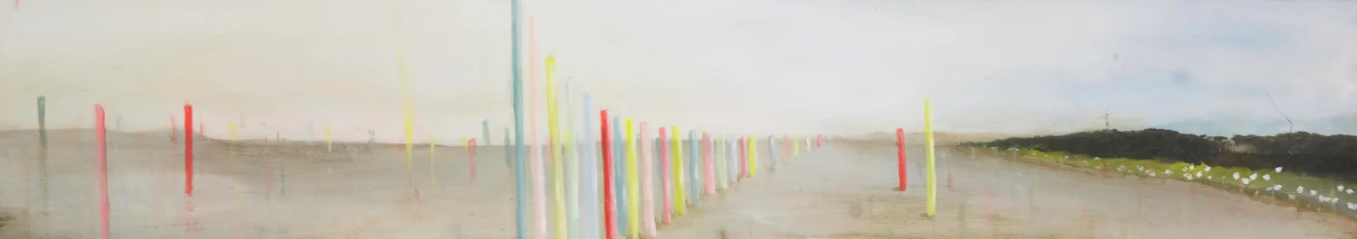 Pastel poles in landscape. 2008 Oil on board. 127x25cm