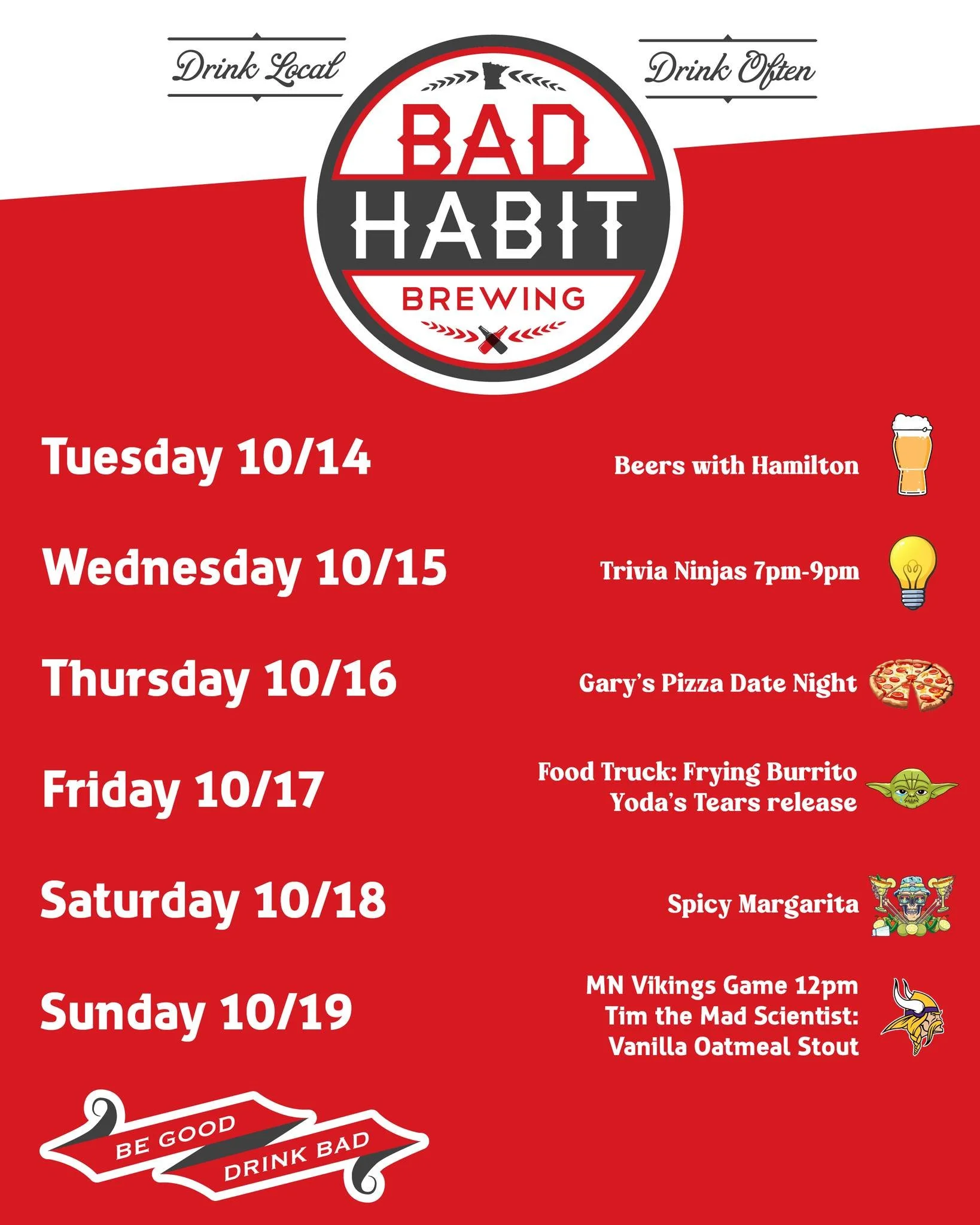 🍂 Cooler temps are finally here&mdash;aka perfect beer-drinking weather! Here&rsquo;s our fun week ahead:

&bull; Beers with Hamilton
&bull; Trivia (7&ndash;9 PM)
&bull; Gary&rsquo;s Pizza Date Night
&bull; Yoda is back, he is&hellip; (Yoda&rsquo;s 