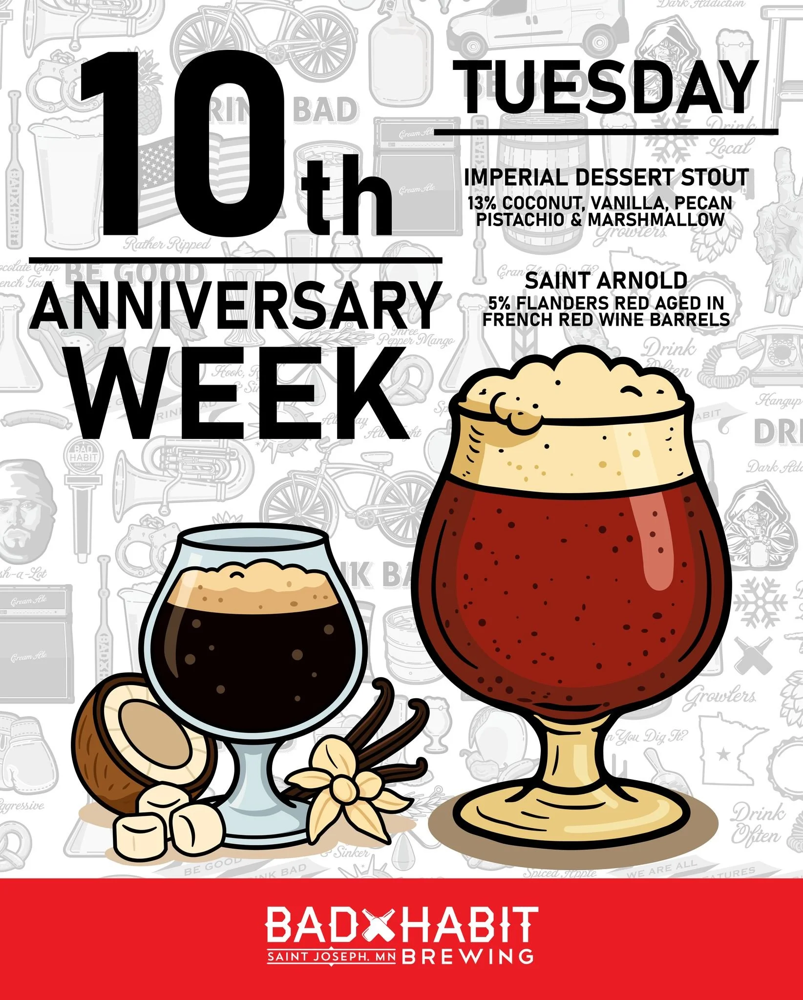🌧️ 10th Anniversary Week kicks off on this rainy Tuesday! 🌧️
Where better to be than cozy in the taproom with a few delicious Bad Habit beverages? 🍻

🍫 Imperial Dessert Stout &ndash; 13% imperial stout loaded with coconut, vanilla, pecan, pistach