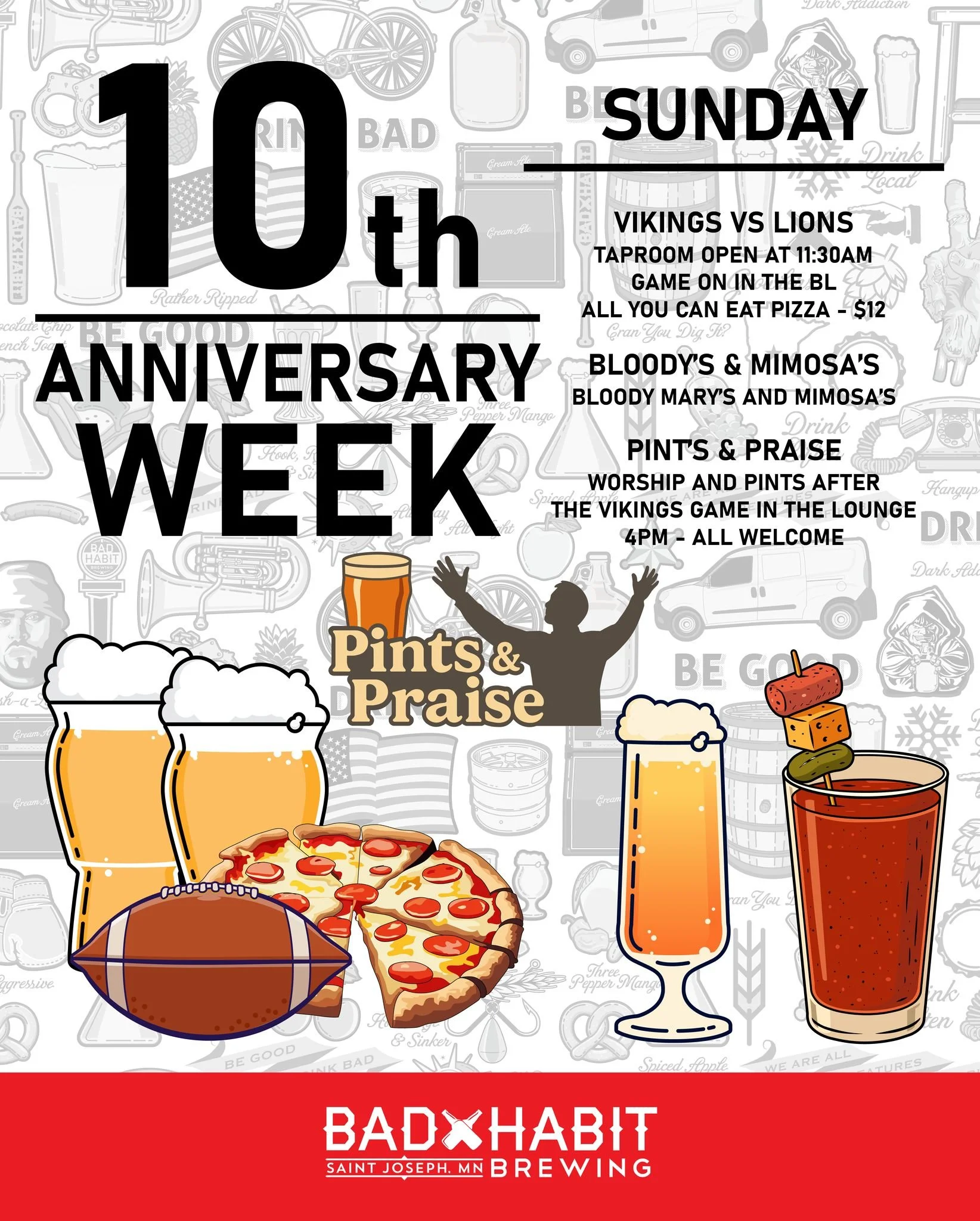 🏈 We&rsquo;re wrapping up 10th Anniversary Week in true Sunday style! 🍻

It&rsquo;s been an incredible week &mdash; and we&rsquo;re closing it out with football, Bloody&rsquo;s, Mimosas, and Pints &amp; Praise! 🙌

🍕 Vikings vs. Lions &ndash; Catc