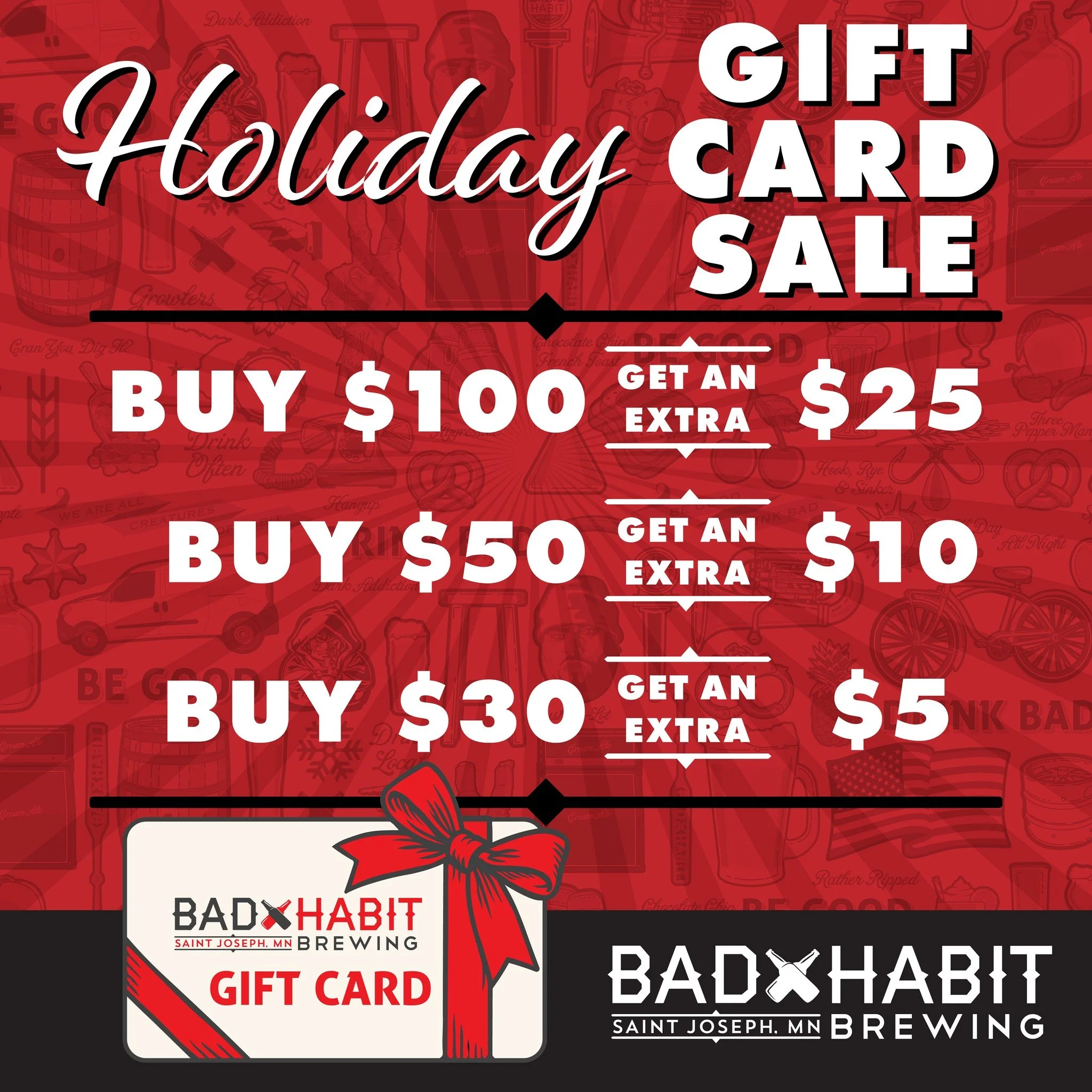 🎁 Our Holiday Gift Card Sale is fast approaching! 🎁

Mark your calendars for the first Saturday and Sunday in December &mdash; it&rsquo;s the perfect time to stock up on Bad Habit gift cards.

Grab one for a friend, grab one for yourself&hellip; he