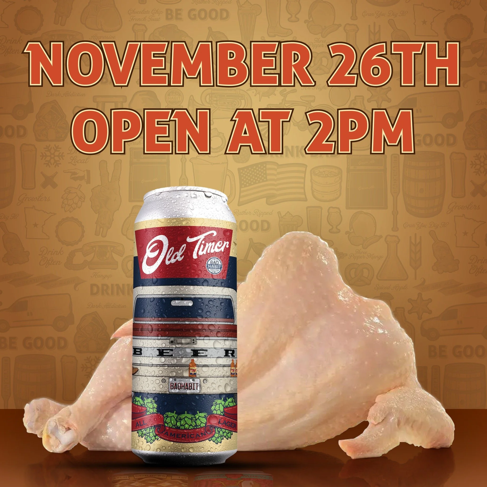 Just in time for that turkey dinner on Thursday&hellip; 🦃🍺
Old Timer is making a comeback!

This classic American Lager is crisp, clean, and pairs perfectly with that delicious American turkey. Grab a 4-pack and make your Thanksgiving feast even be
