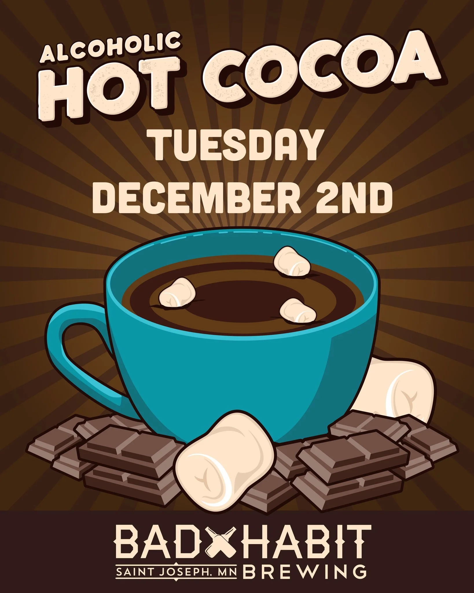 The weather&rsquo;s getting chilly, and that means only one thing at Bad Habit&hellip; ☕️❄️
It&rsquo;s time for alcoholic hot cocoa to make its grand return!

Join us in the taproom on Tuesday, December 2nd for the ultimate cozy treat.
Erin will be s