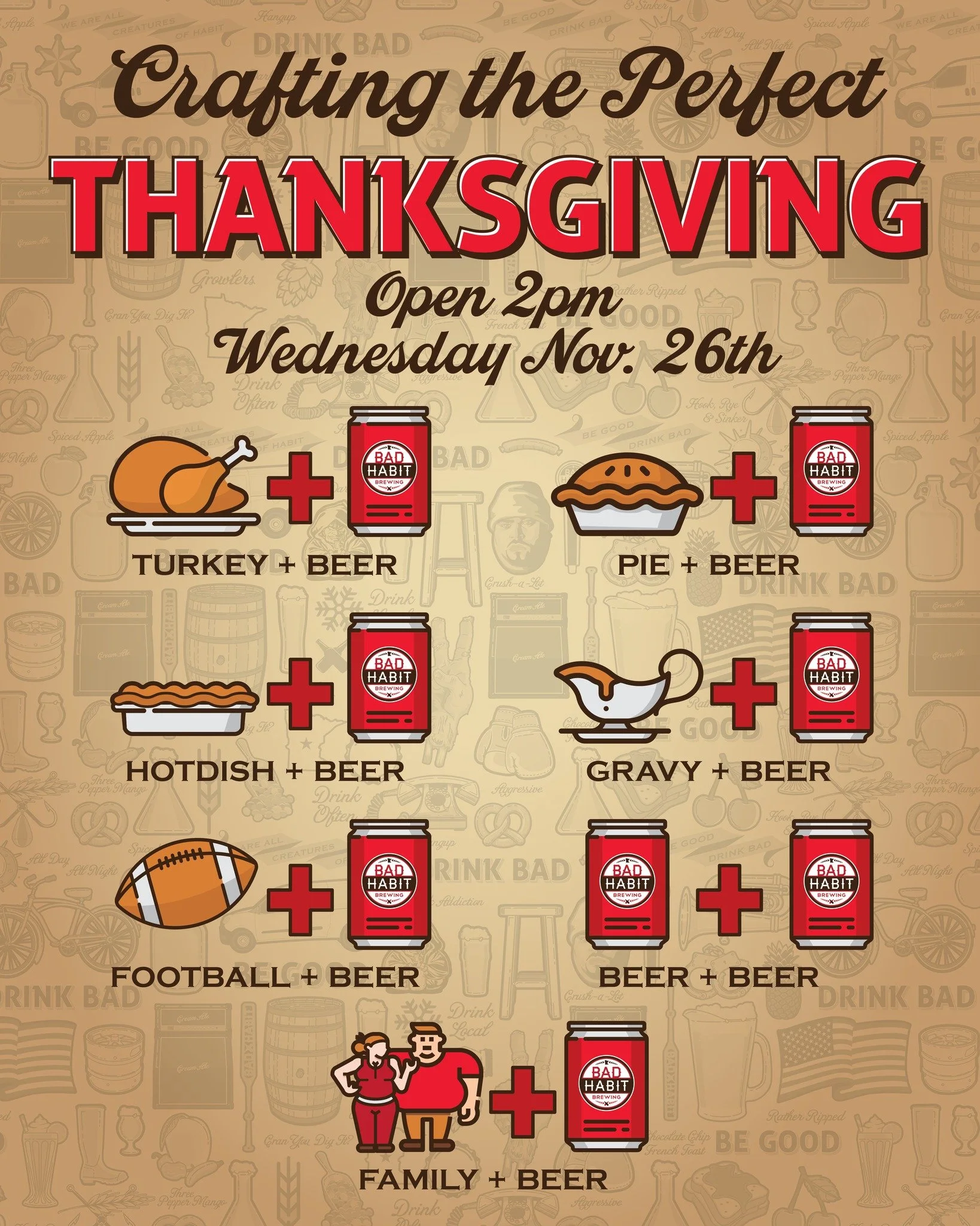 🦃🍻 Start Your Thanksgiving Holiday Early! 🍻🦃

The taproom opens today at 2pm, so you can kick off your Thanksgiving celebrations a little early!
Come hang out with us, enjoy a beverage, and grab some cans to go for the long weekend.

See you soon