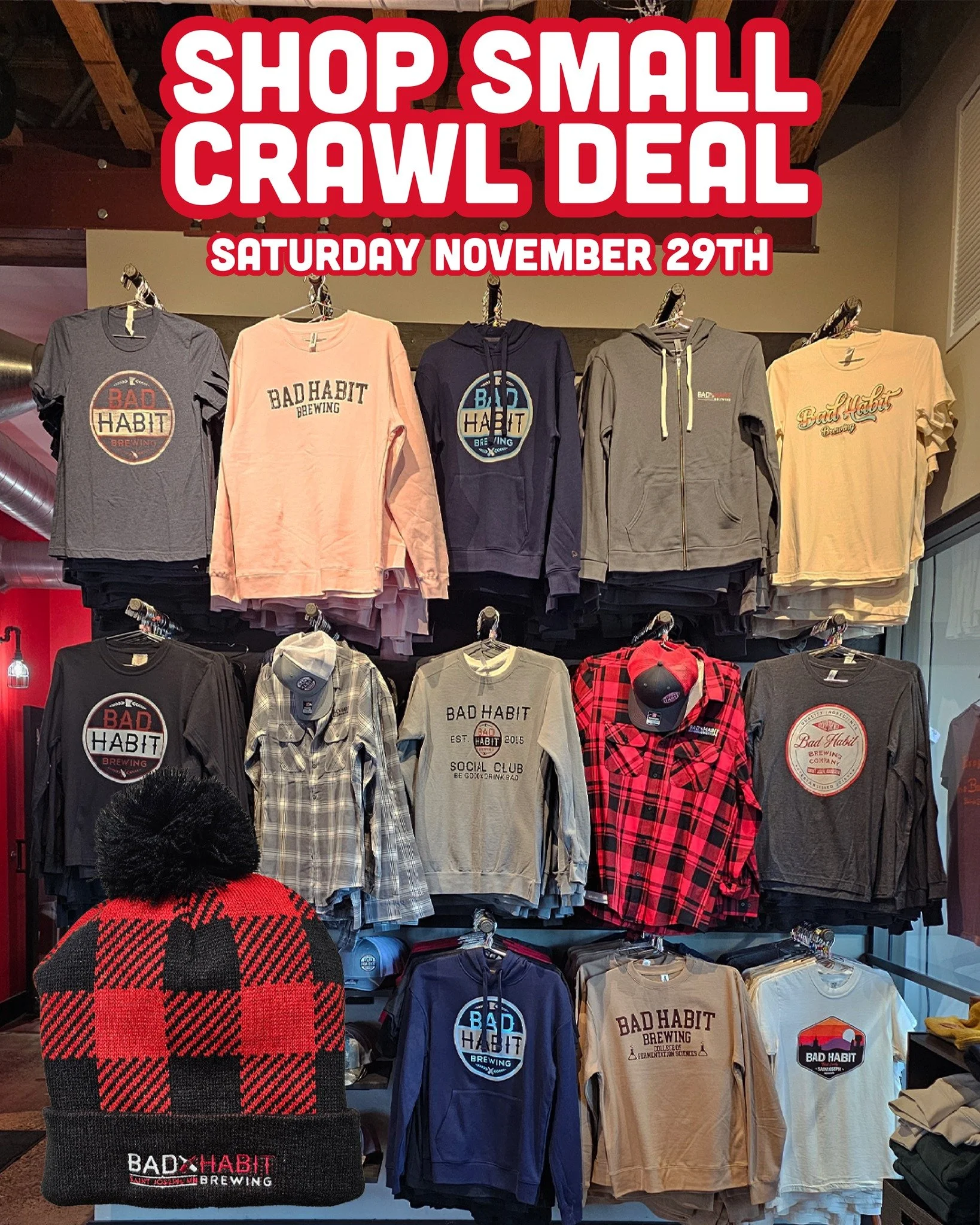 Shop Small Crawl is today, and we&rsquo;ve got a special deal just for you! 🛍️🔥
Purchase $50 in merch (any combo you like) and receive a Buffalo Plaid Bad Habit Hat FREE! 🧢❤️

The taproom opens at 10am, and we have 5 amazing vendors set up and rea
