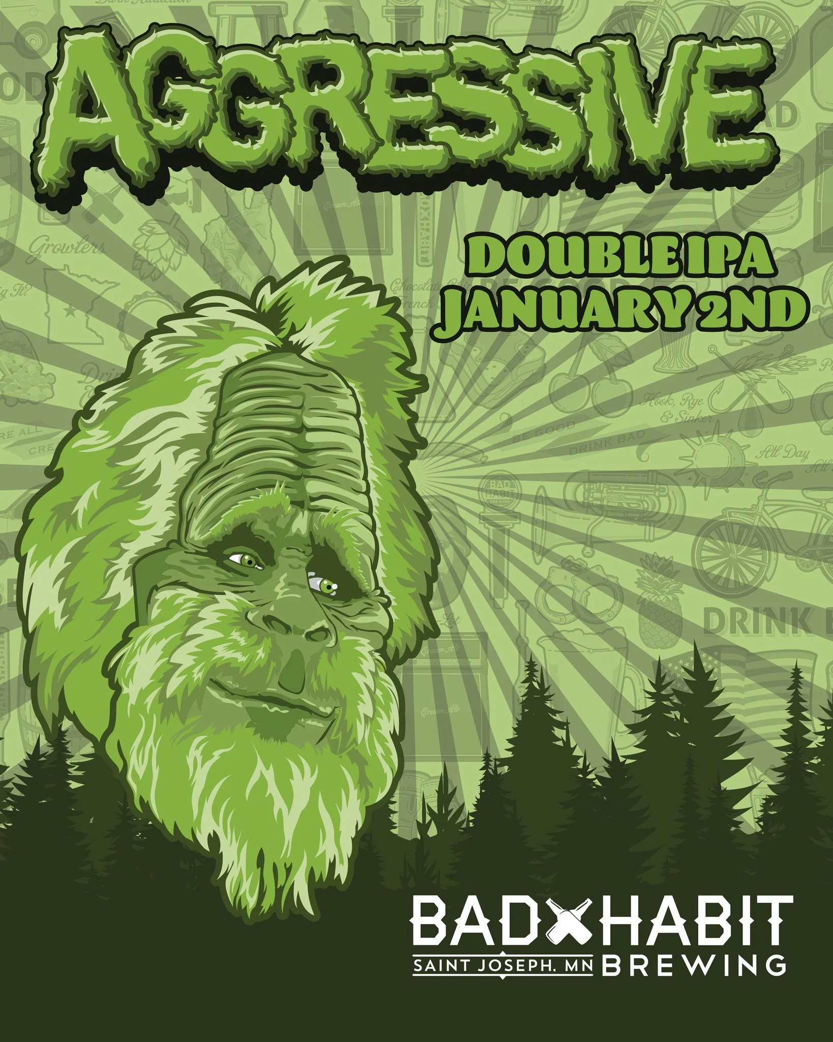 Aggressive Taps today at 2pm! This &ldquo;aggressively hopped&rdquo; Double IPA is bold, wild, and ready to channel your inner beast &mdash; the kind of beer Harry himself would stomp into the taproom for. 🦧🌲

Big aroma, huge hop character, and a f
