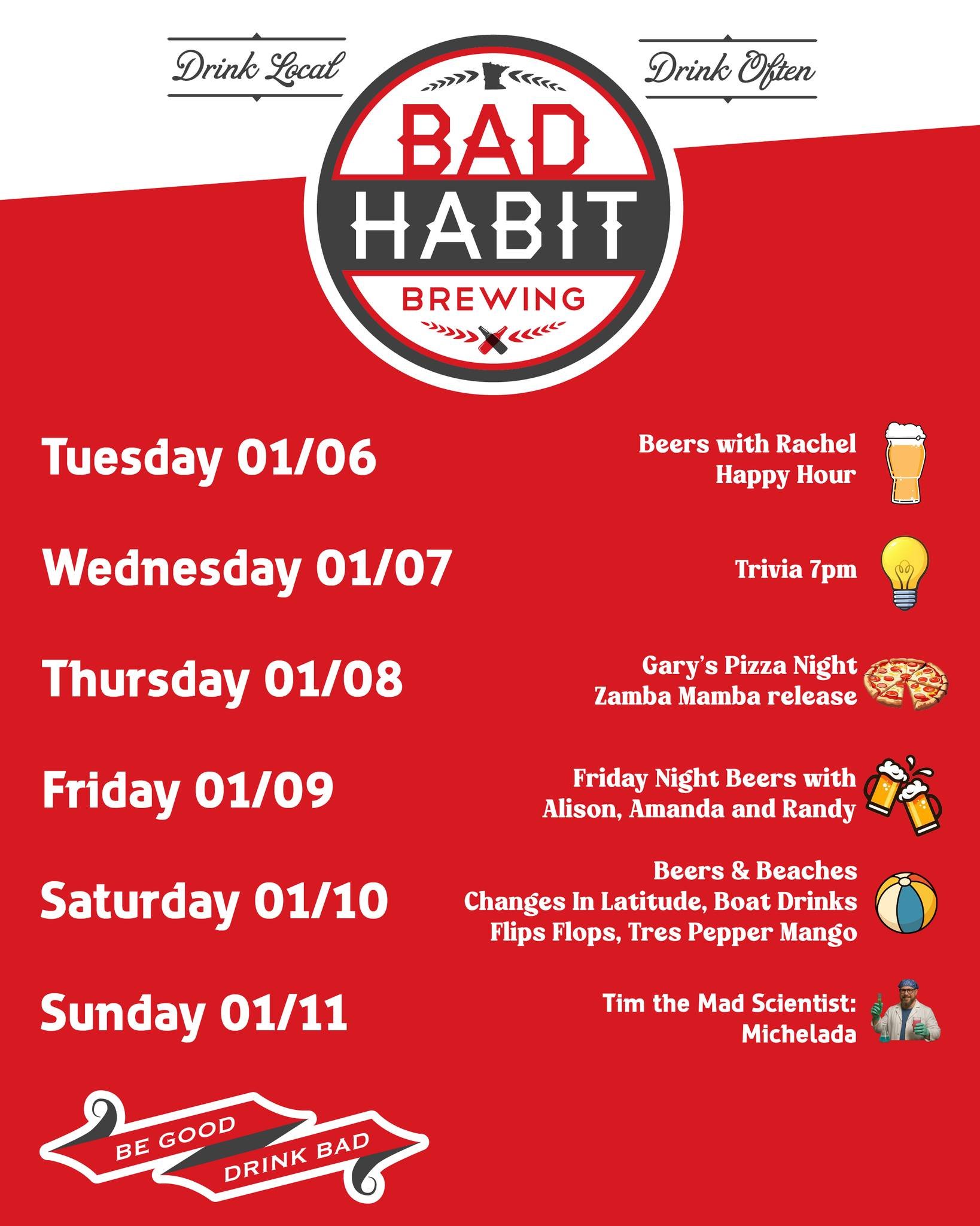 Hello 2026! 🎉 We aren't stopping all the fun we had in 2025! We have a packed lineup to kick off the first full week of the year:

Tuesday 01/06: Rachel is kicking off the new week with Beers with Rachel and Happy Hour tomorrow night!

Wednesday 01/