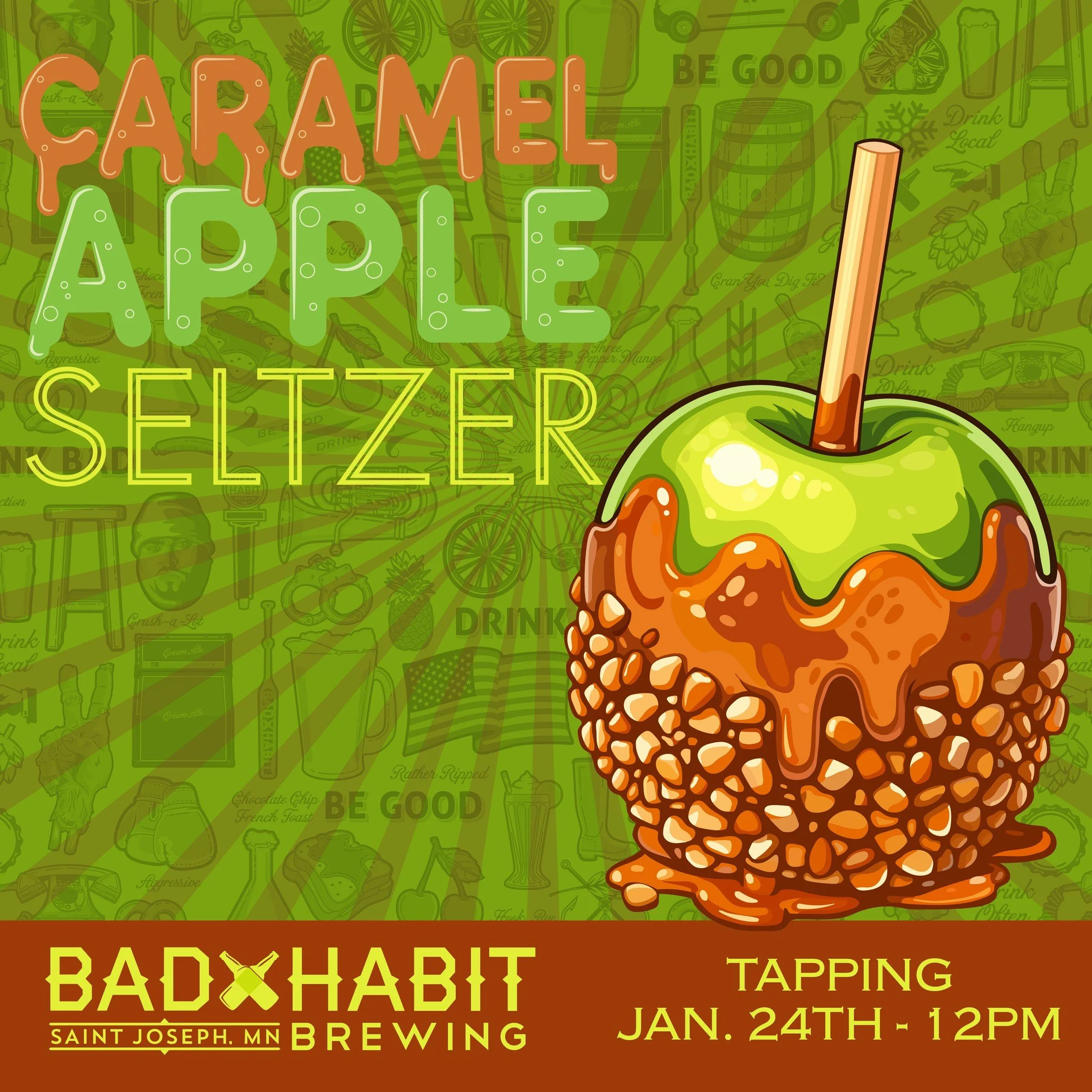 🍏✨ CARAMEL APPLE IS ON TAP! ✨🍏

Our Caramel Apple Seltzer is officially on tap and available in a limited run of cans starting TODAY! It&rsquo;s the perfect blend of crisp apple and sweet, buttery caramel.

The taproom opens at noon. Come hide from