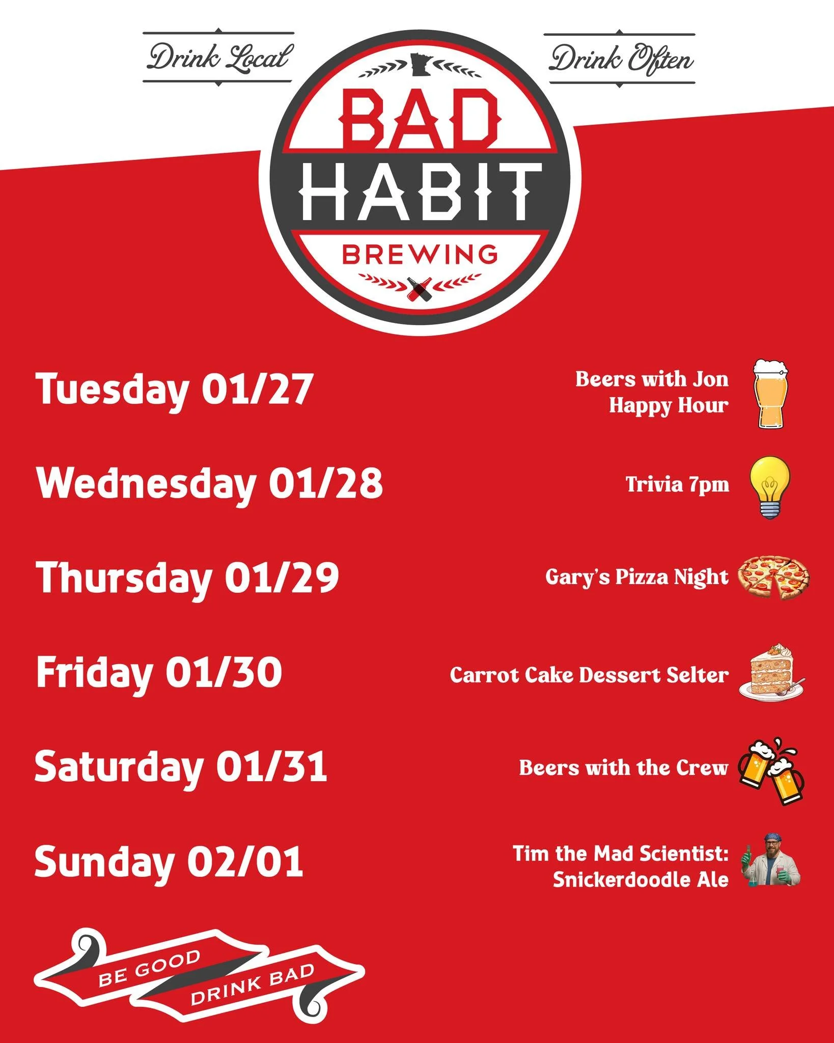 🍻 New Week, New Brew!
Let&rsquo;s leave that freezing weather in the rearview mirror! 🌡️ We&rsquo;re looking forward to slightly warmer temps this week, but no matter what the thermometer says, the taproom is toasty and the beers are ice cold. ❄️➡️