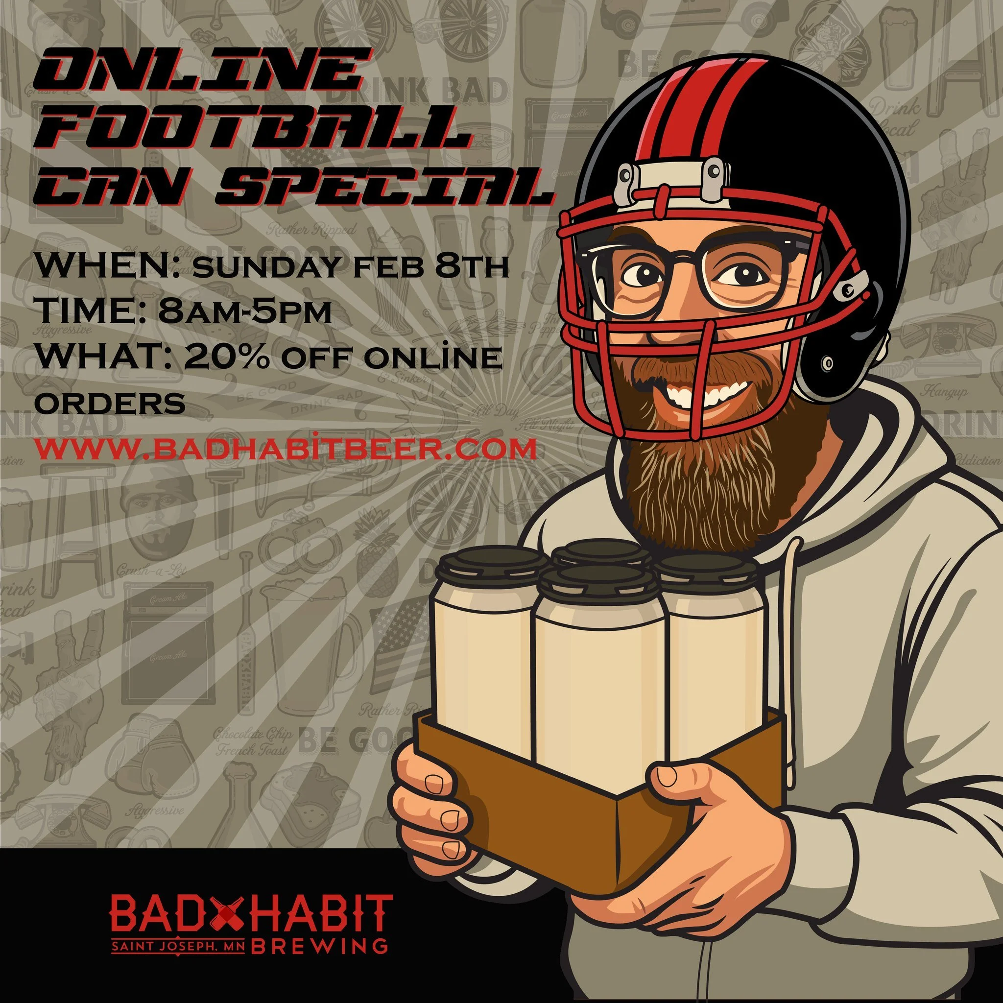 Jeff, our MVC (Most Valuable Canner), has been busy stocking up our cooler for the big game! The Can Sale is ON! 
 
Get 20% OFF cans, today only! 

The Game Plan: 
1. Order Online 8 a.m. - 5 p.m. and use Promo Code: JEFFSFOOTBALLCANS
2. Grab &amp; GO