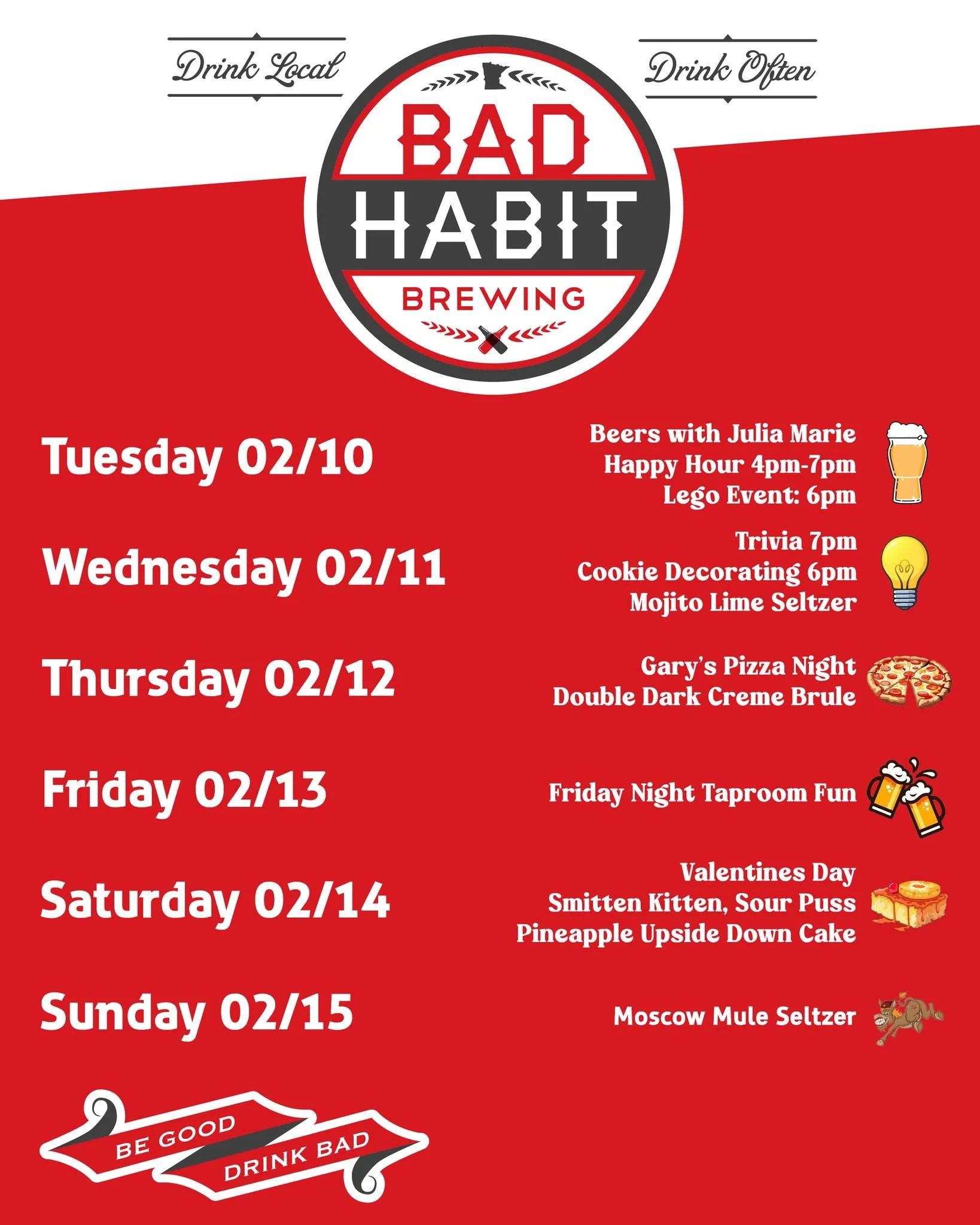 There is always something "on" in the taproom, and this week is no exception! We are kicking off the week with Zest Friends Forever (mojito lime seltzer) and capping it off with our new Moscow Mule Seltzer. 

Tuesday: Happy hour and Lego's 