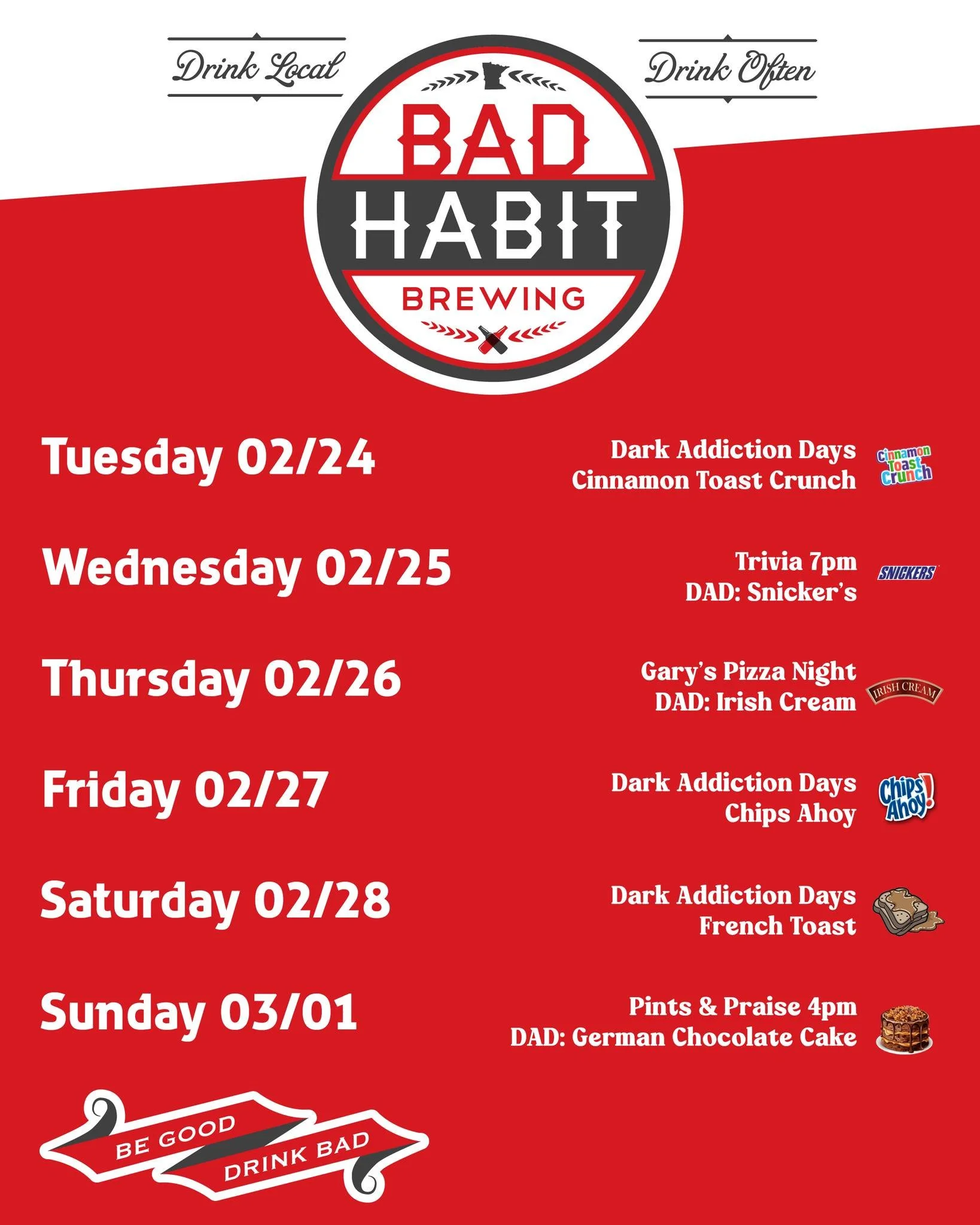 Looking for a reason to get out of the house? We have a few options for you! 

Dark Addiction Days are on tap all week, and with trivia and pints and praise, there is never a dull moment in the taproom. 

See you soon! 

#badhabitbrewing #visitjoetow
