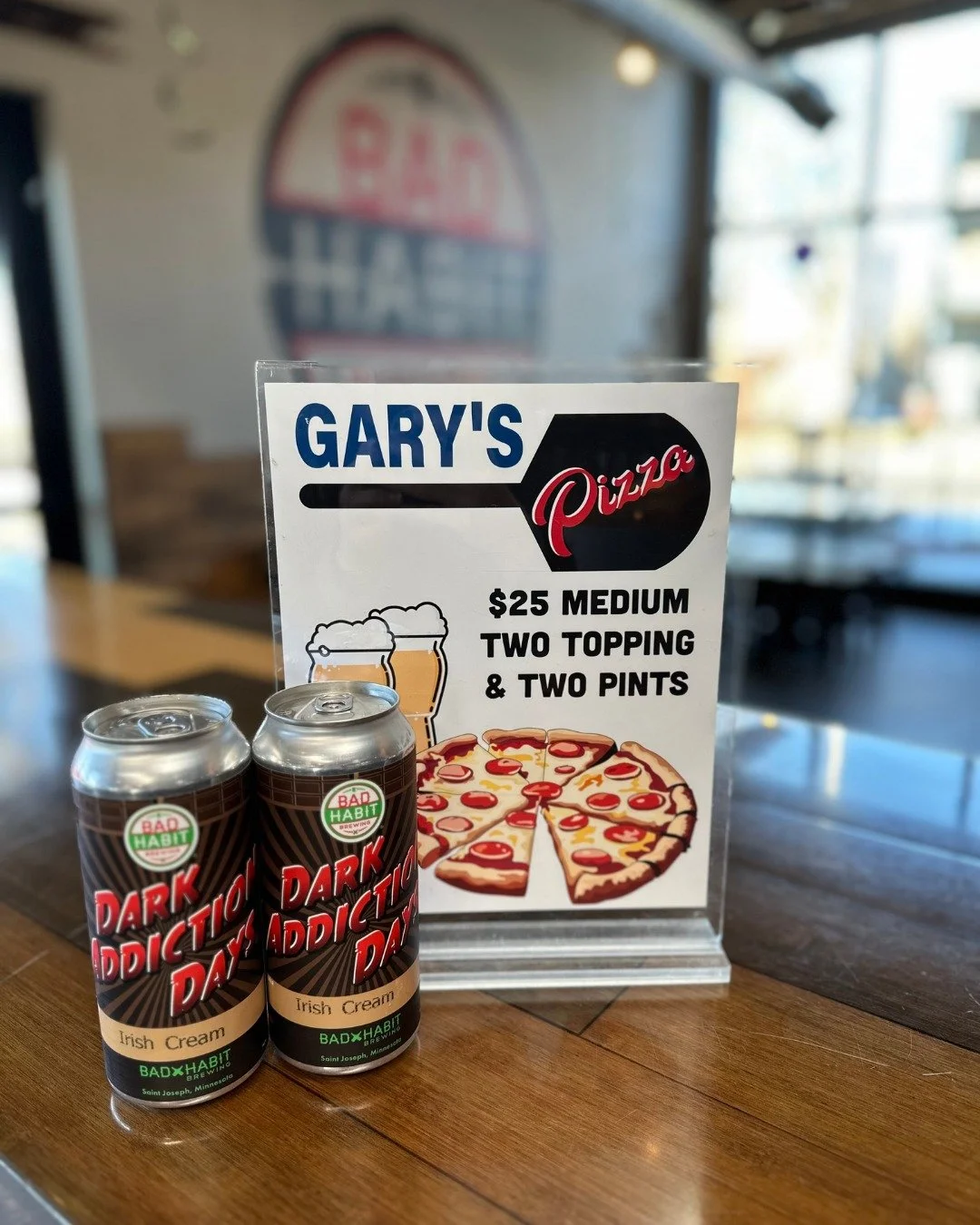 We have dinner AND dessert covered for you... It's Gary's Pizza  night and Irish Cream Dark Addiction is on tap! 

Order in the taproom, and we will deliver hot and fresh pizza from Gary's along with two pints of your choice.

#badhabitbrewing #visit