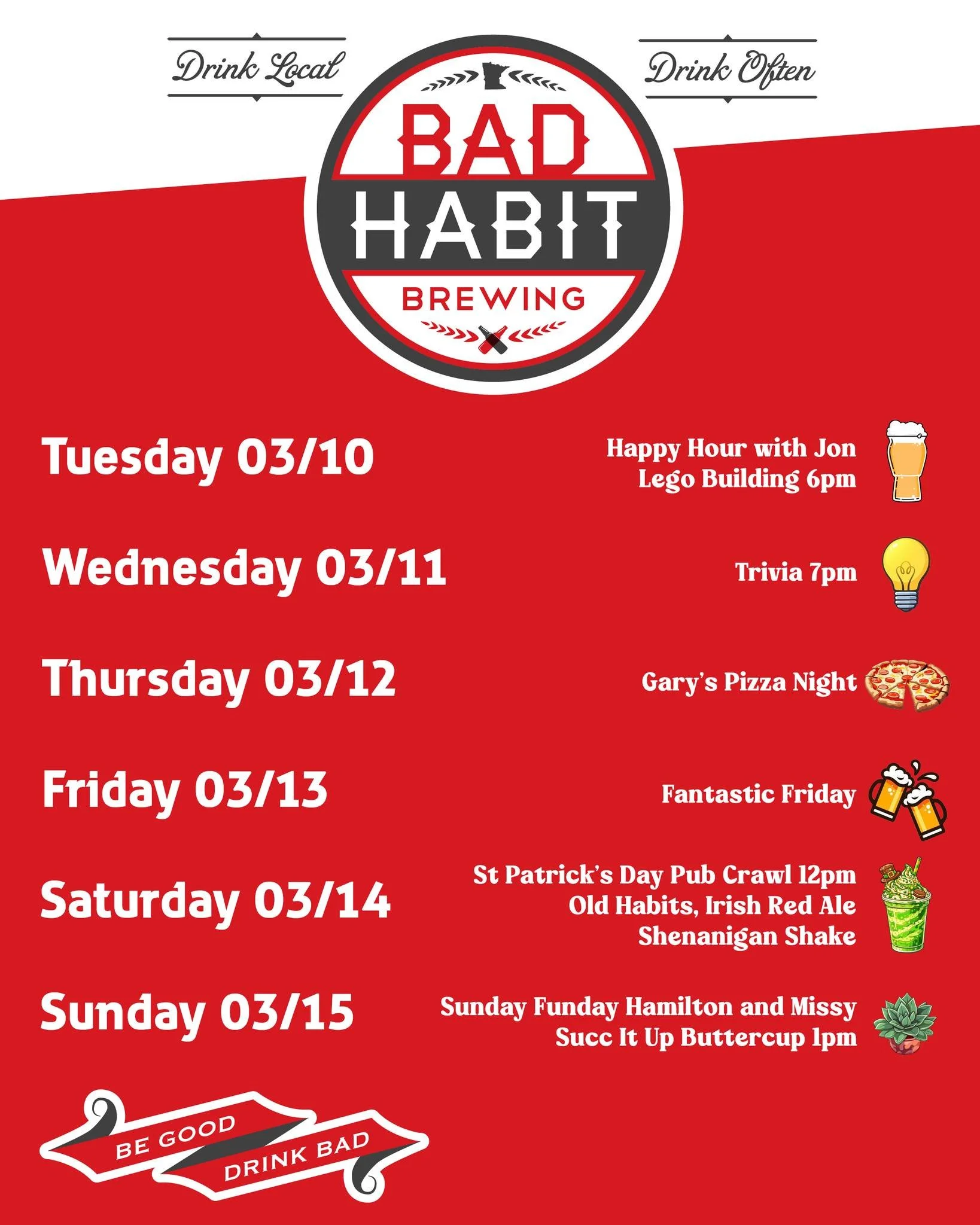 Check out this impressive line-up for the week! We are kicking off the week with happy hour + LEGO building and capping off the weekend with the St. Patty's Day Pub Crawl; with lots of fun in between. 

What are you looking forward to this week?! ⬇️C