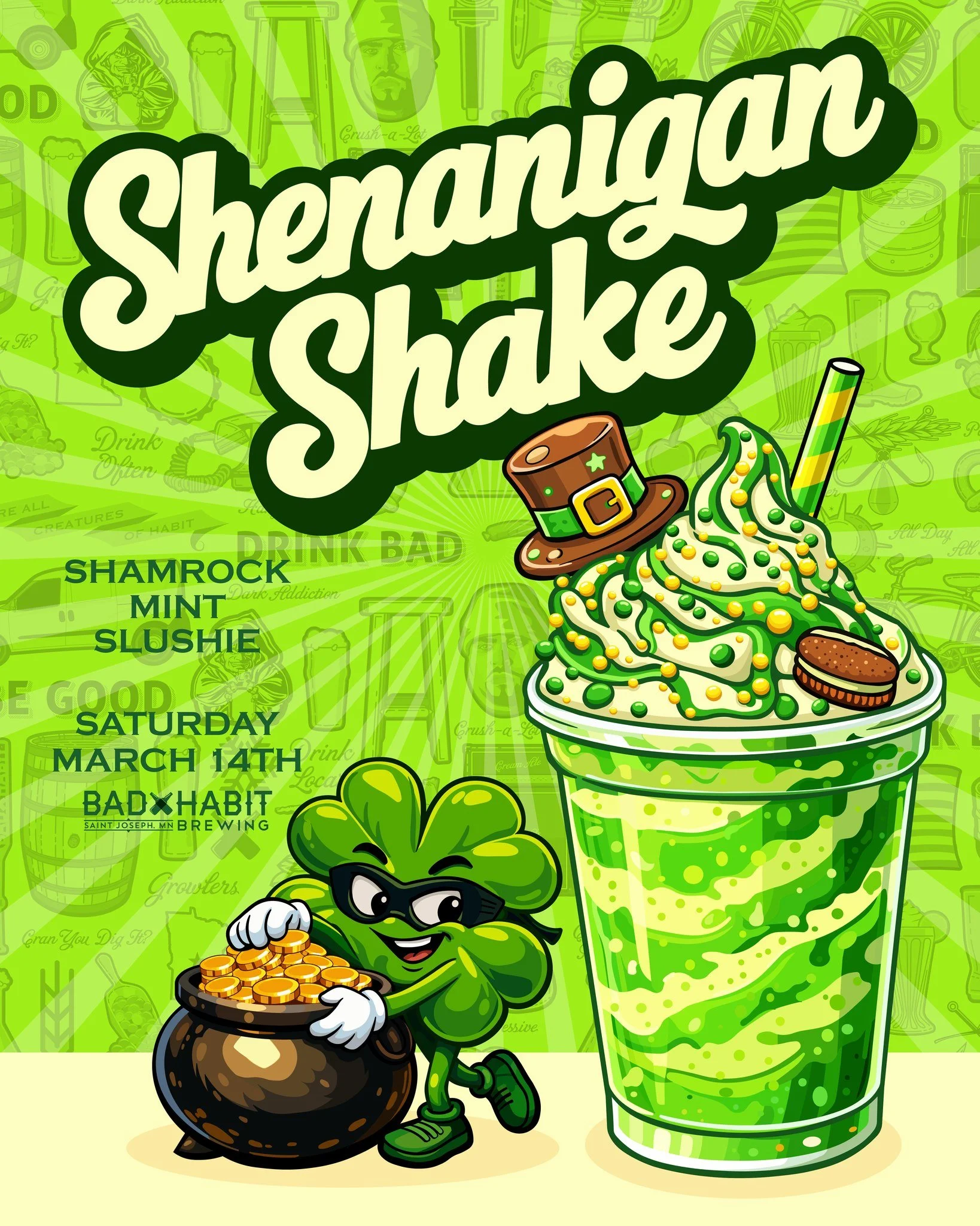Ready for some shenanigans? ☘️ Introducing the Shenanigan Shake Slushie! It&rsquo;s cold, it&rsquo;s green, and it&rsquo;s arriving just in time for the pub crawl this Saturday. 

Warning: May cause sudden urges to dance a jig. Limited batches only&m