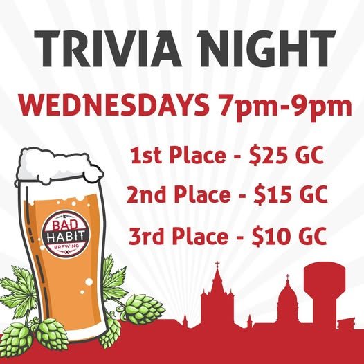 See you TONIGHT at 7:00 PM for another round of fantastic trivia! Prizes and beer - it doesn't get much better than that. 

#badhabitbrewing #visitjoetown