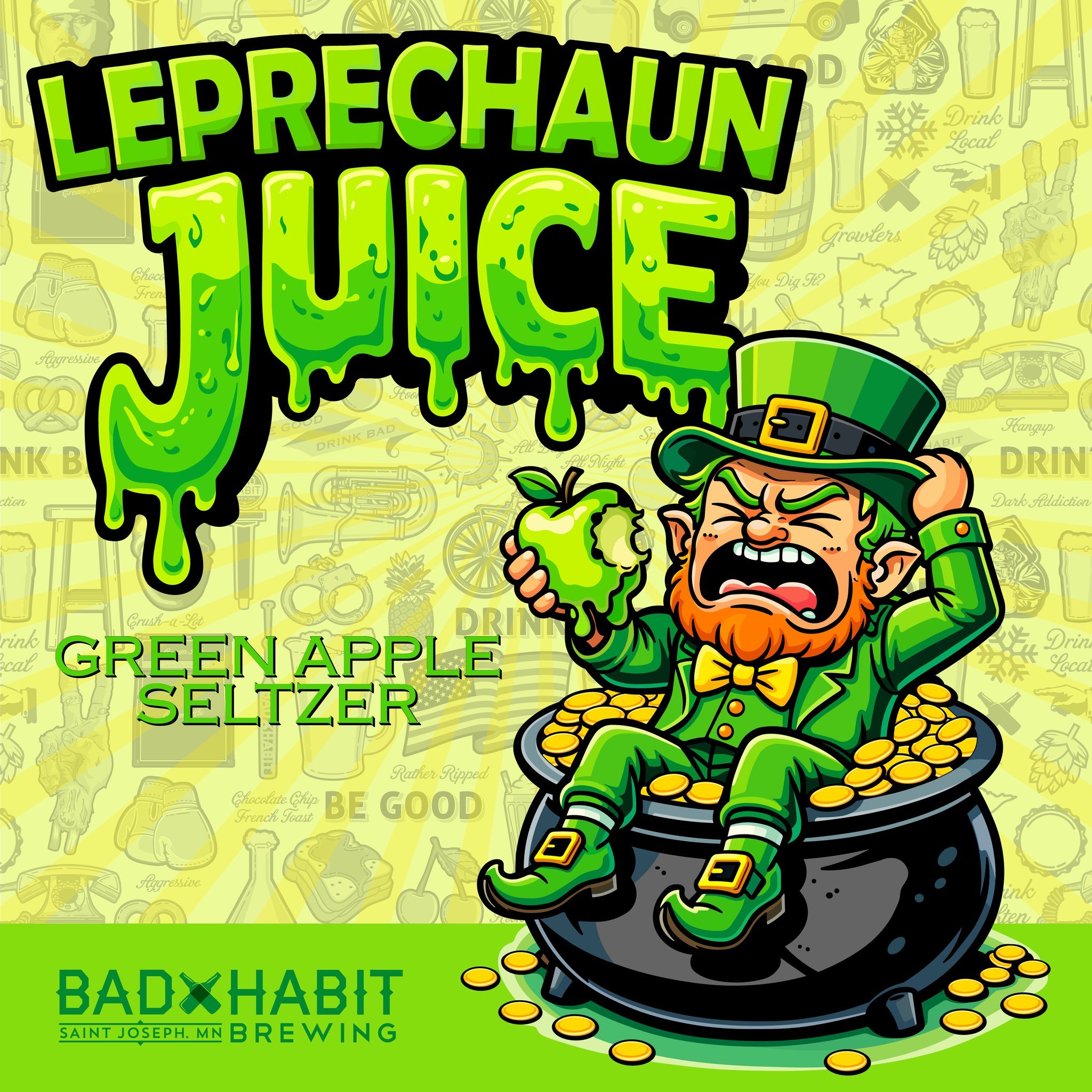 The luck hasn&rsquo;t run out yet! 🍀 To celebrate St. Paddy&rsquo;s Day, we're releasing, Leprechaun&rsquo;s Juice, a green apple seltzer. Light, crisp, and dangerously crushable.

Available in the taproom on Tuesday, March 17th! 

#badhabitbrewing 