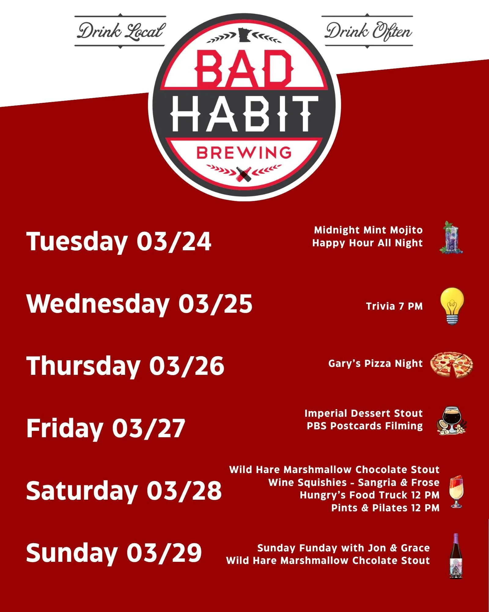 We have another week full of activities in the taproom, including a visit from PBS Postcards on Friday from 2-4 p.m.! 

From the Midnight Mint Mojito to the Imperial Dessert Stout and the Wild Hare Marshmallow Chocolate Stout &mdash;there&rsquo;s a g