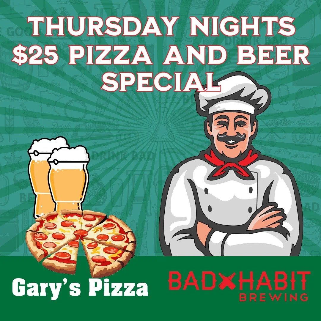 Thursday is already here, and you know what that means... Beer and Pizza Night! 

Order in the taproom, and we will deliver hot and fresh pizza from Gary's Pizza  along with two pints of your choice (beer or seltzers included). 

#badhabitbrewing #be