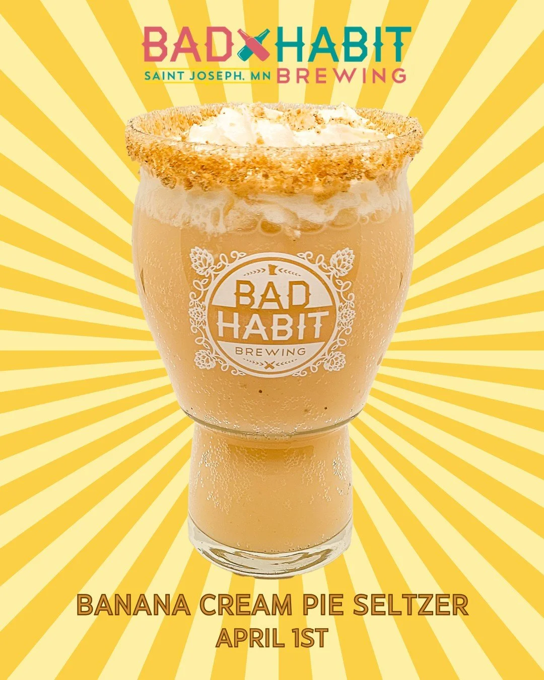 We're not foolin'! Banana Cream Pie is back in the taproom and in cans to-go on April 1st. This one won't come back around for awhile, so grab one before it's gone.

#badhabitbrewing #seltzerrelease #dessertseltzer #visitjoetown