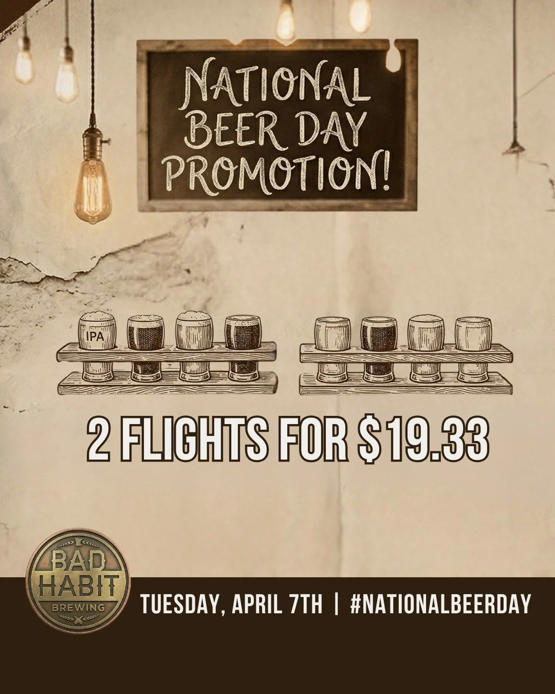 Join us in the taproom tomorrow for National Beer Day! We&rsquo;re offering two flights for $19.33 all night long. 

Why $19.33? Because April 7, 1933, was the day the law came to their senses and legalized beer again!  We think that&rsquo;s a legacy