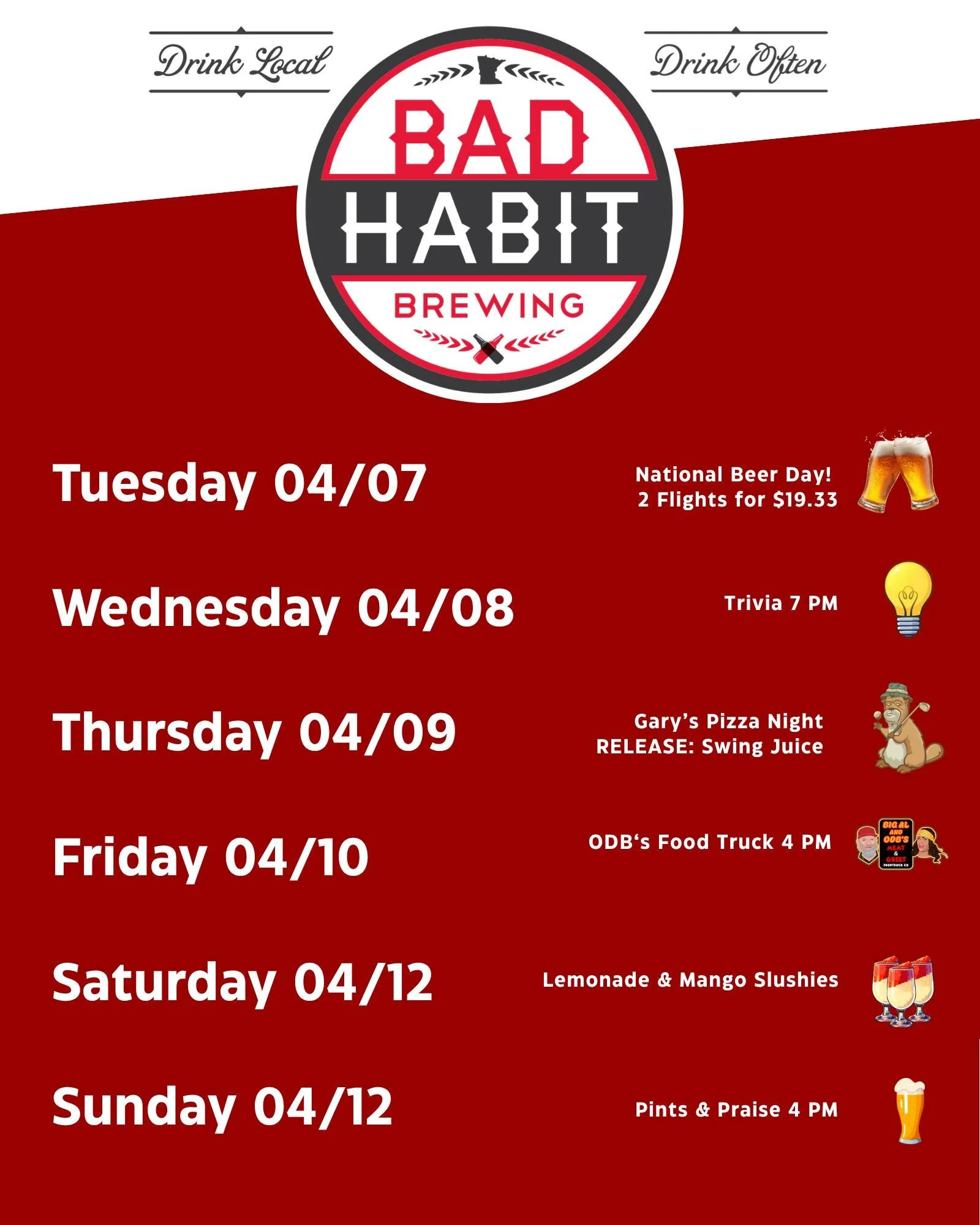 This week at Bad Habit Brewing... National Beer Day flight special, Swing Juice Release, @theodbbam food truck and patio weather in the forecast! 

See you in the taproom. 🍻 

#badhabitbrewing #visitjoetown #weeklyevents