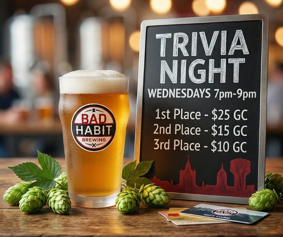 Get your team together and join us in the taproom from 7-9 p.m. TONIGHT for trivia! Prizes for 1st, 2nd, and 3rd place teams. 

Space is limited. Reservation requests accepted after 4 PM.

#badhabitbrewing #visitjoetown #trivia
