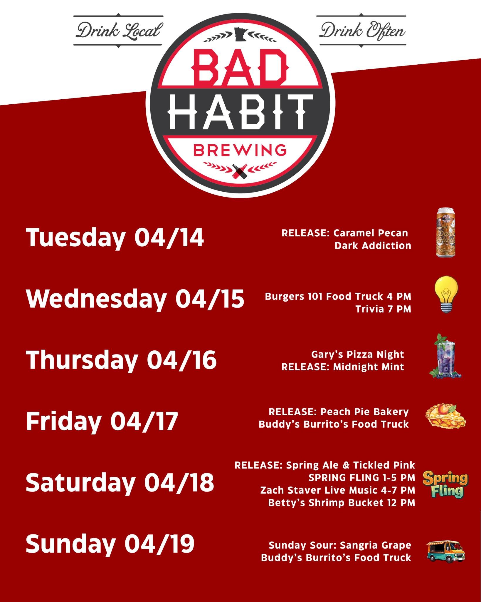 New week, new brews, and lots of fun! 🍻 From fresh releases to our Spring Fling, we&rsquo;ve got your plans covered. Check out the line up! 

Tue: Caramel Pecan Dark Addiction Release for National Pecan Day 🍦
Wed: Burgers 101 Burger Fundamentals + 