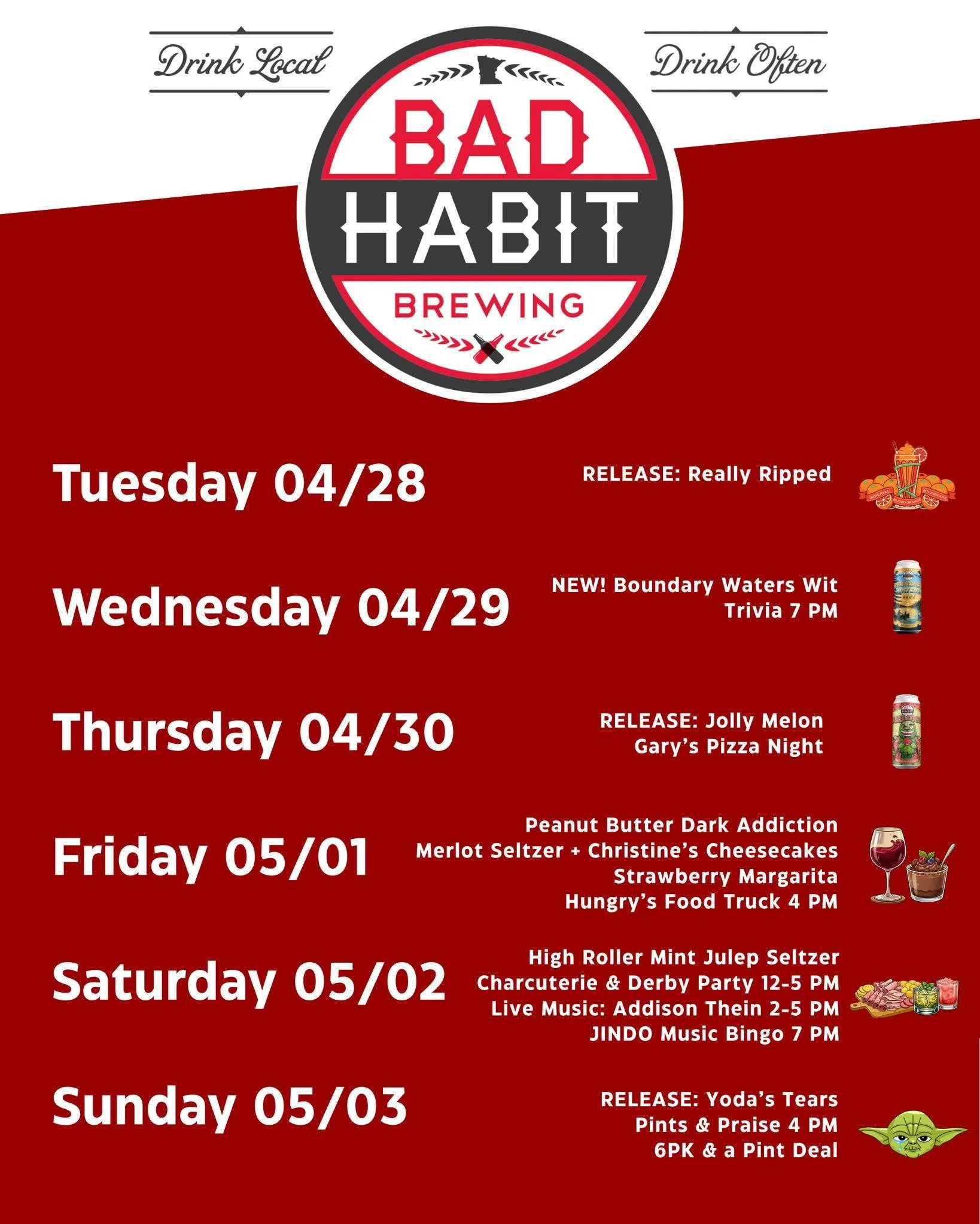 Happy Monday! We have a JAM PACKED week at Bad Habit. New releases, returning classics, and can't miss events. 

Stop by for a pint and join the fun! 

#badhabitbrewing #visitjoetown #weeklyevents #drinklocal