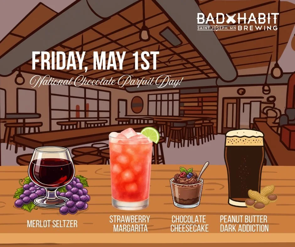 This Friday, May 1st, we&rsquo;re going all out for National Chocolate Parfait Day! We have a stacked lineup of returning favorites:

🥜 Peanut Butter Dark Addiction
🍷 Merlot Seltzer
🍓 Strawberry Margarita Seltzer
🍰 Chocolate Cheesecake from  @chr