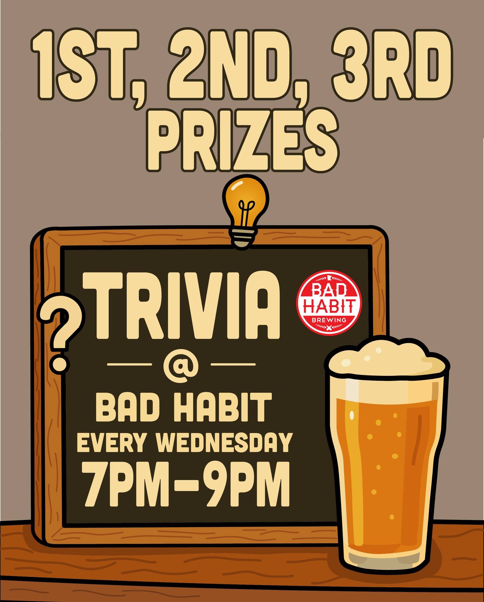 Fact: Trivia is better with a pint in hand! Trivia is ON tonight, and every Wednesday from 7-9:00 p.m. at Bad Habit Brewing. 

💥💥RESERVATIONS💥💥Please note that this is the last week we will be accepting reservations for trivia until the fall. Spa