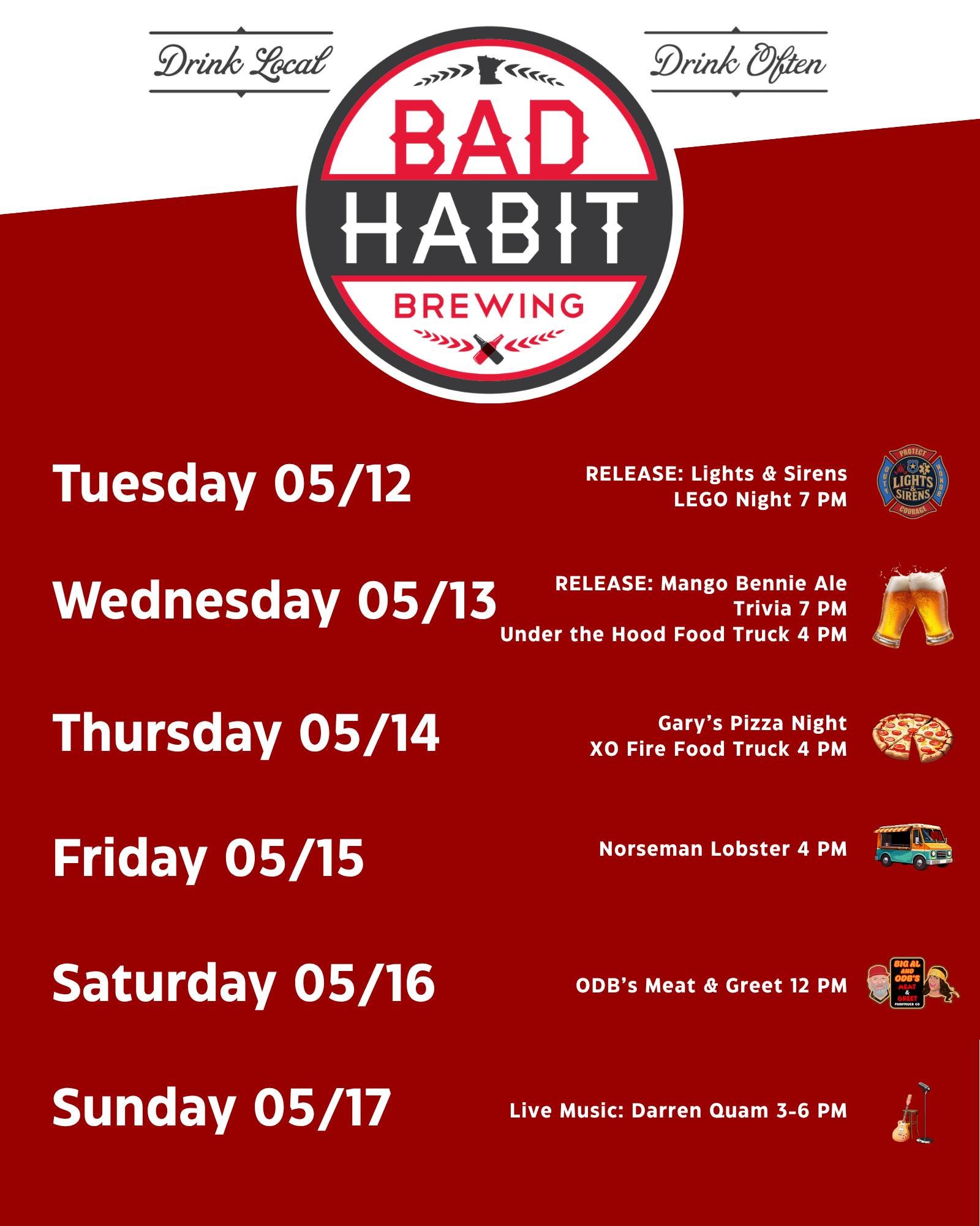 New beer releases, food trucks, and live music... we couldn't ask for a better weekly line-up! 

⏬Tag your happy hour crew ⏬ and we'll see you in the taproom. 

#badhabitbrewing #visitjoetown #weeklyevents #eventsnearme #drinklocal