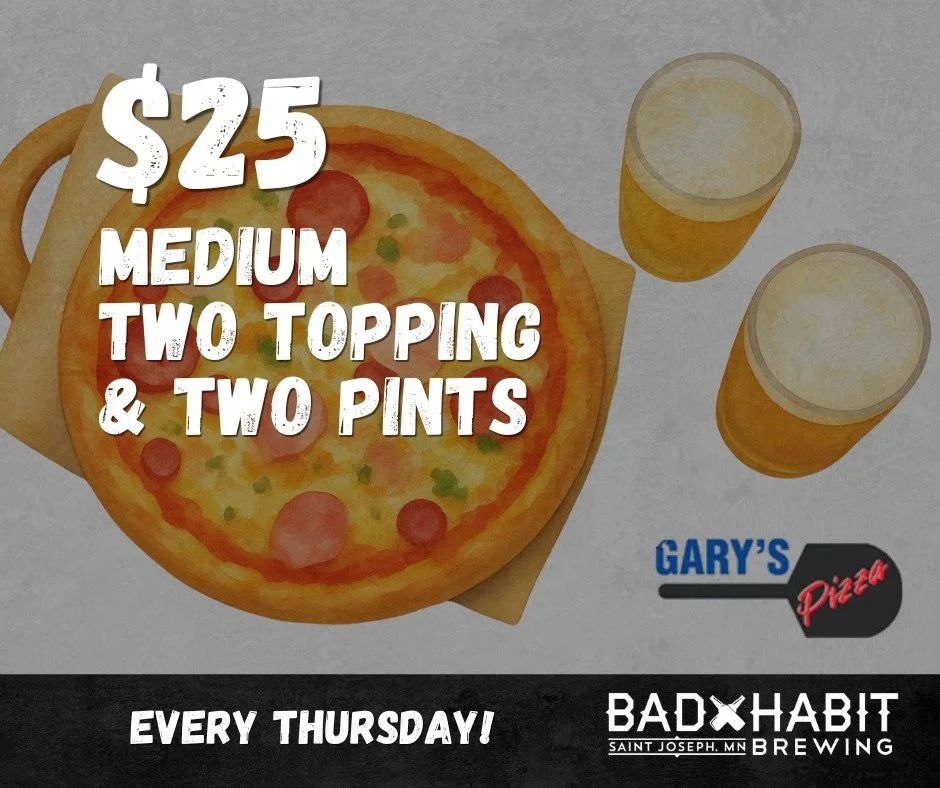 🍻+🍕=🥰

Get 2 pints and a medium two-topping pizza from Gary's Pizza  for $25 - every Thursday! 

Order in the taproom.

#badhabitbrewing #beerandpizza #eatlocal #drinklocal #visitjoetown