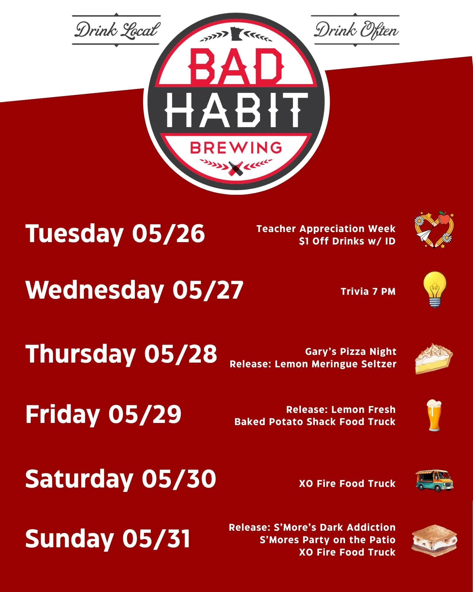 Your week just got a little brighter with this week's line up, including our releases: 🍋🍋🍋 Lemon Fresh Beer and Lemon Meringue Seltzer. 🍋🍋🍋

We're kicking off the week with teacher appreciation - $1 off all drinks with a staff ID. 
Followed by 