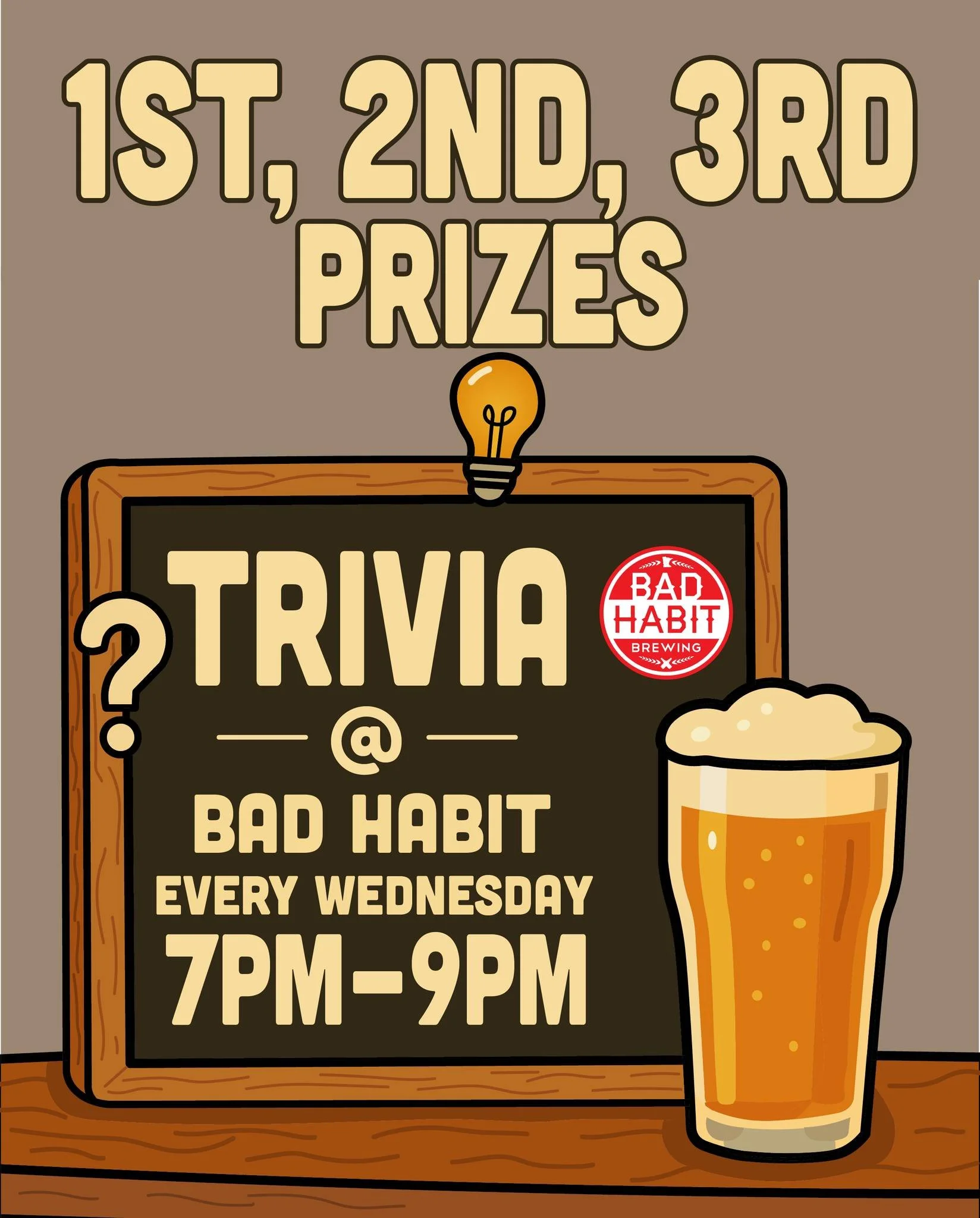 Fun fact... tonight is TRIVIA NIGHT at Bad Habit Brewing! 

Prizes for the top 3 teams. Table reservations not accepted. 

Good luck and have an ex-QUIZ-ite evening!

#badhabitbrewing #visitjoetown #trivianight