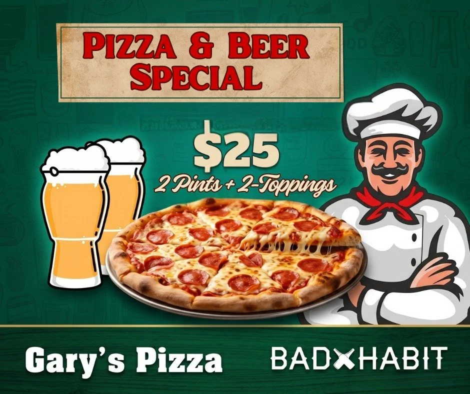 We're feeling "I don't want to cook tonight" vibes... Enter Gary's Pizza  Night! 

$25 = 🍺🍺+🍕🍕

Order in the taproom, and we will take care of the rest. 

#badhabitbrewing #visitjoetown #eatlocal #drinklocal