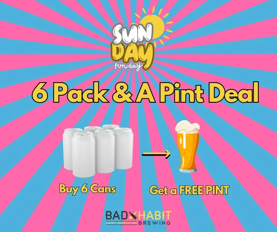 SUNDAY TAPROOM DEAL 🚨

Stock up for the week ahead and get rewarded. Today only, buy any 6-pack out of our cooler and get a free pint on tap.

Come hang out and grab your favorites before 5:00!

#badhabitbrewing #visitjoetown #6pkandapint #freebeer