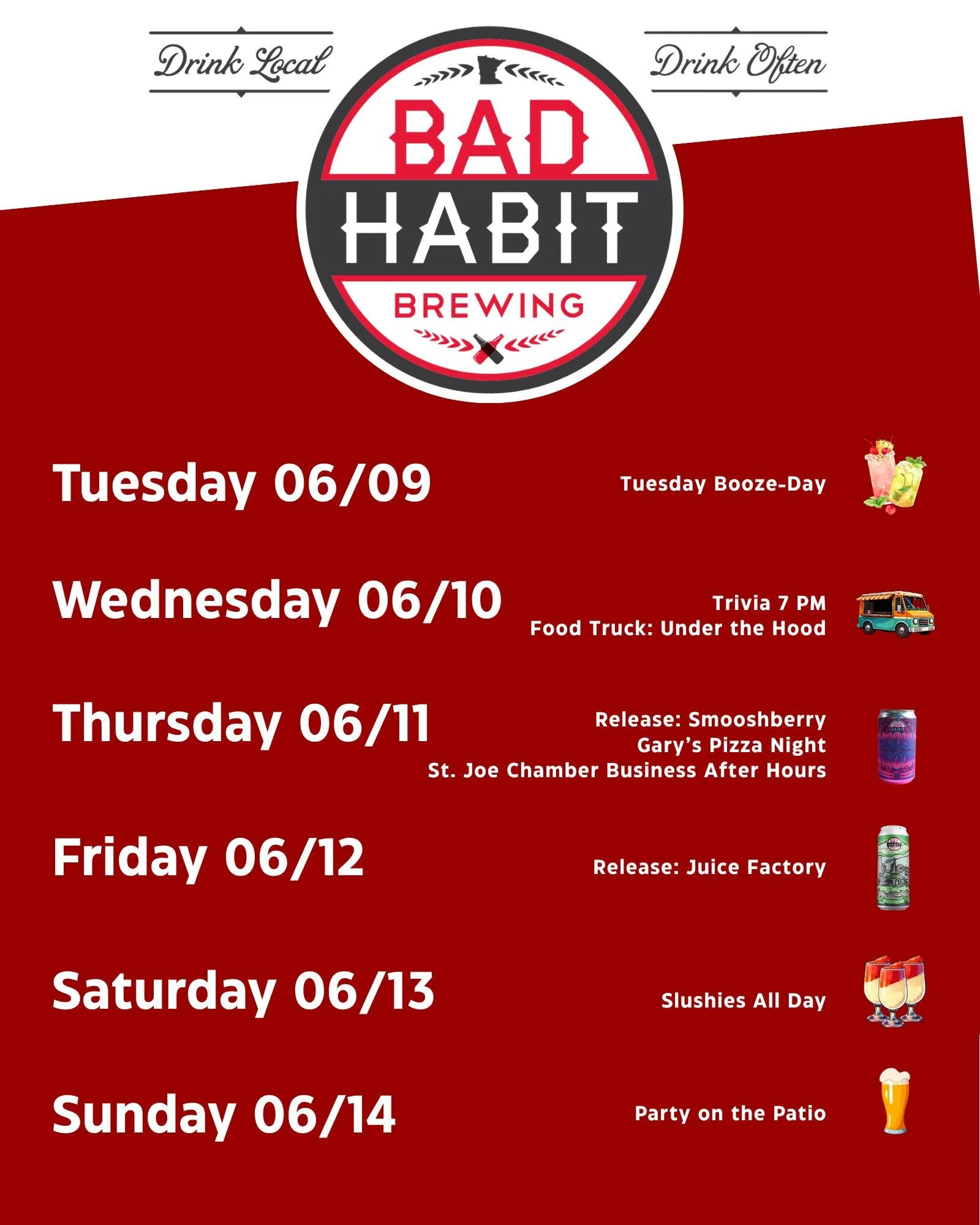 Happy Monday! Check out what's happening at Bad Habit Brewing in St. Joseph, MN this week. 

We have 2 releases this week, including a return of the Smooshy Smooshy Smooshberry Sour! This is a small batch brew, so come get your smooshy on before it's