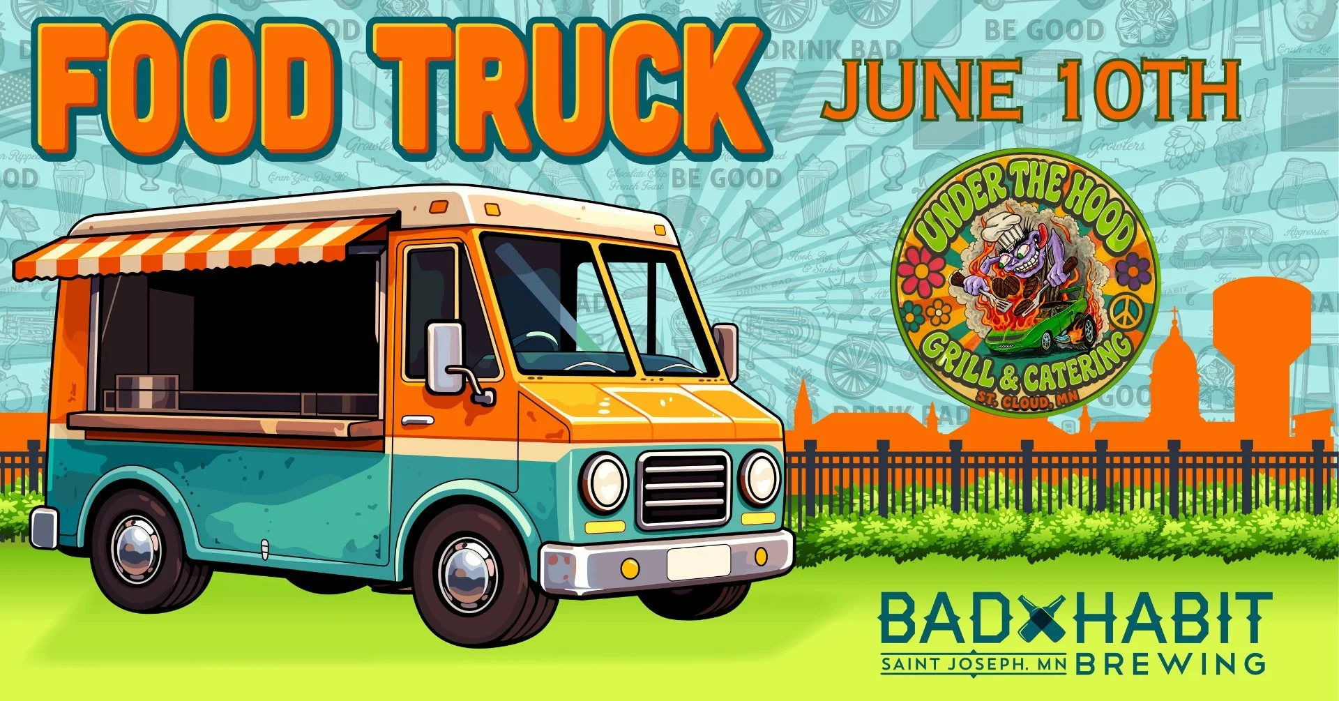 @underthehoodgrillcatering is heading to Bad Habit today, Wednesday, June 10th, to serve up some amazing street eats! 

Gather all of your friends,  grab a spot for trivia (7-9 PM), and enjoy some delicious food and drinks. 

See you on the patio! 

