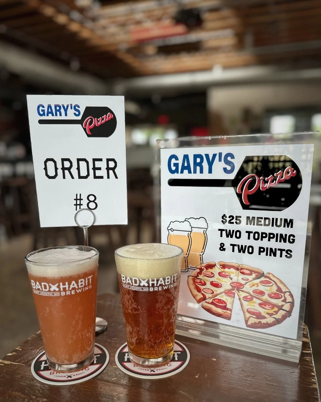 We have the beer, Gary's Pizza brings the the -za! Order in the taproom. 

TONIGHT's Special: $25 = 2 Pints + Medium 2-Topping 

#badhabitbrewing #visitjoetown #beerandpizza #specials