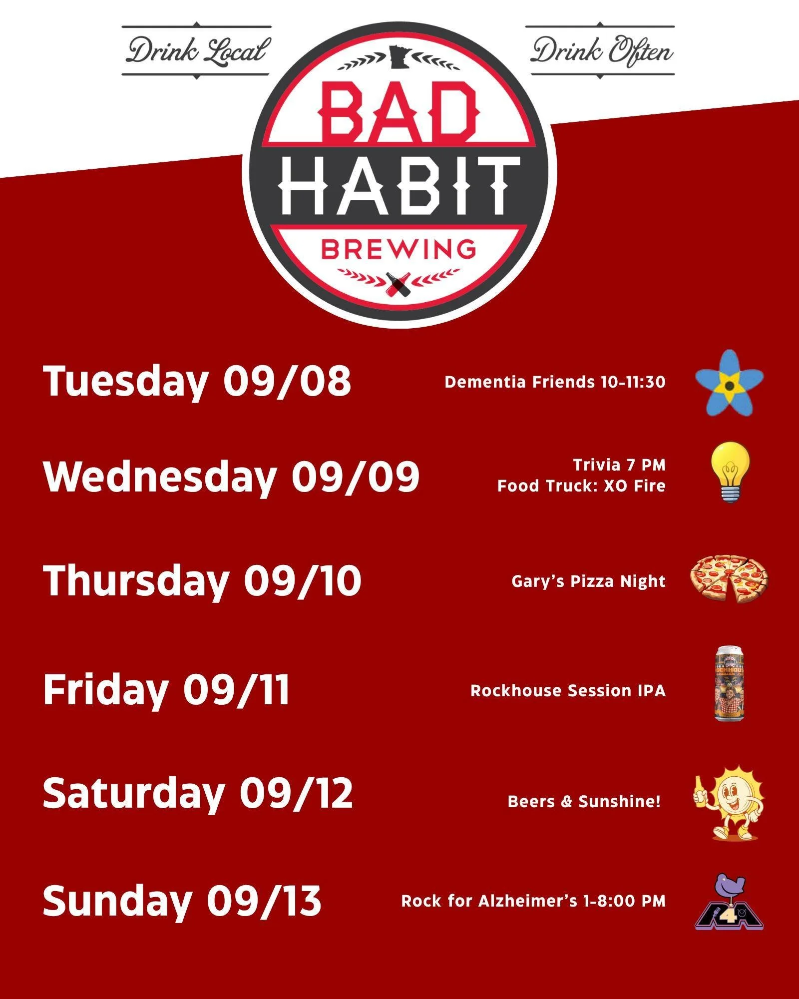 We have great line up of fun activities this week includes a return of our Rockhouse Session IPA and our 10th rockin' year of @rock4alzheimers  this Sunday, September 13th from 1-8:00 p.m.

See you in the taproom! 

#badhabitbrewing #visitjoetown #r4