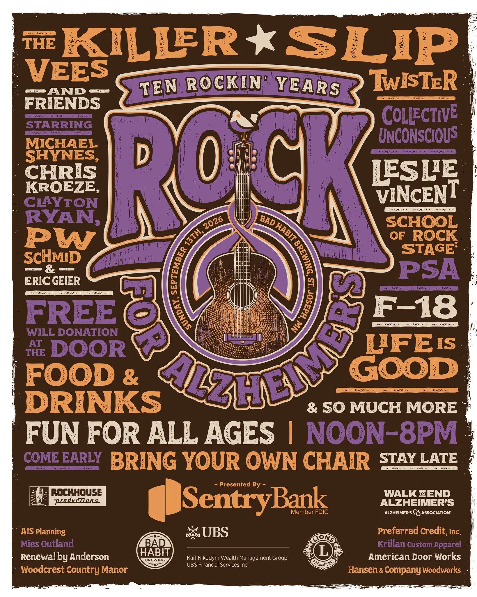10 Rockin' Years of Rock for Alzheimer's is just 2 days away! Join us on Sunday, September 13th from 1-8:00 PM for a full day of music and community. 

New this year - a resource fair will be held in our Brewer's Lounge from 12:30-4. 

This is a fami