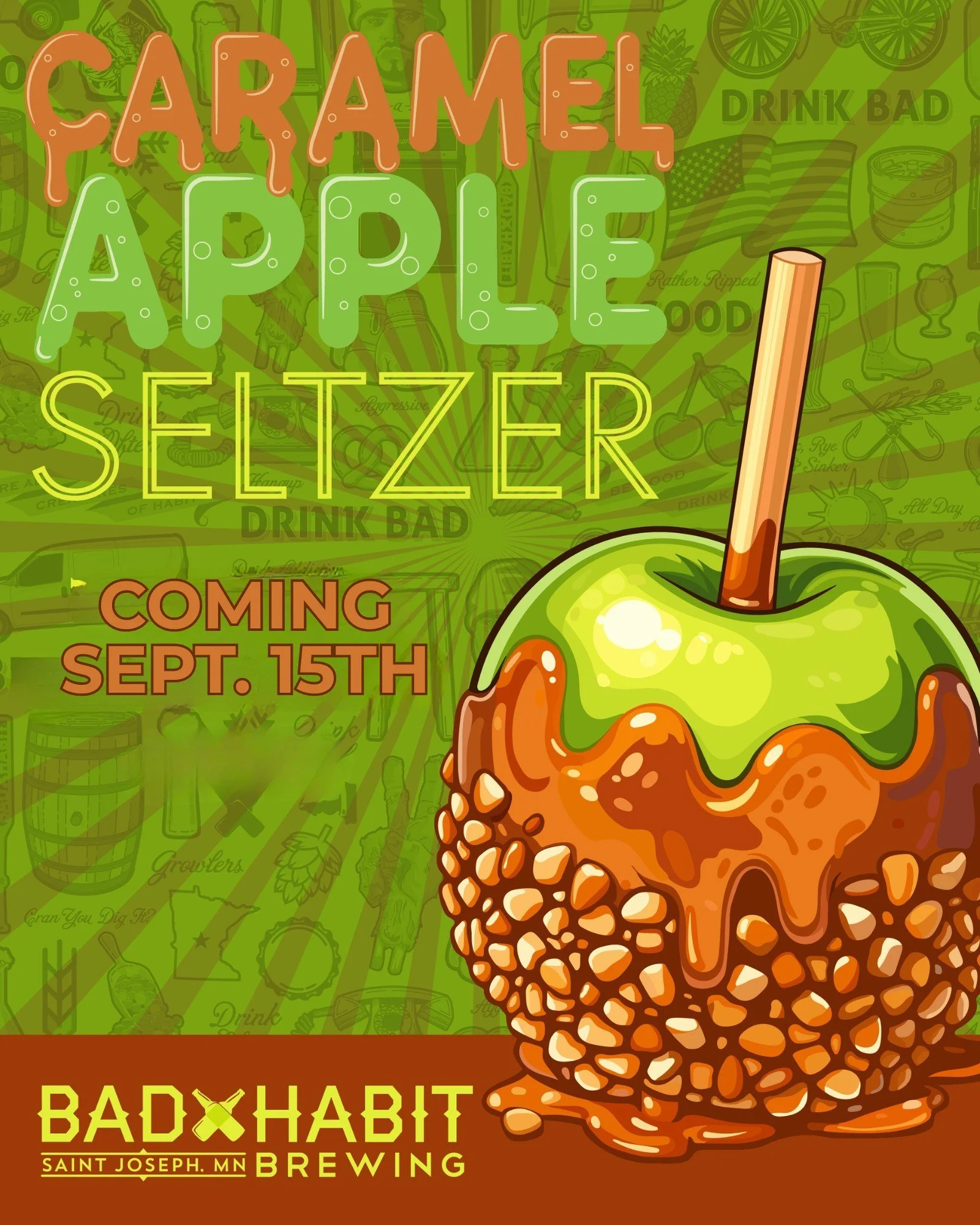 Caramel Apple Seltzer is back in the taproom on Tuesday, September 15th! 

#badhabitbrewing #visitjoetown #seltzerrelease #caramelapple #fallthings