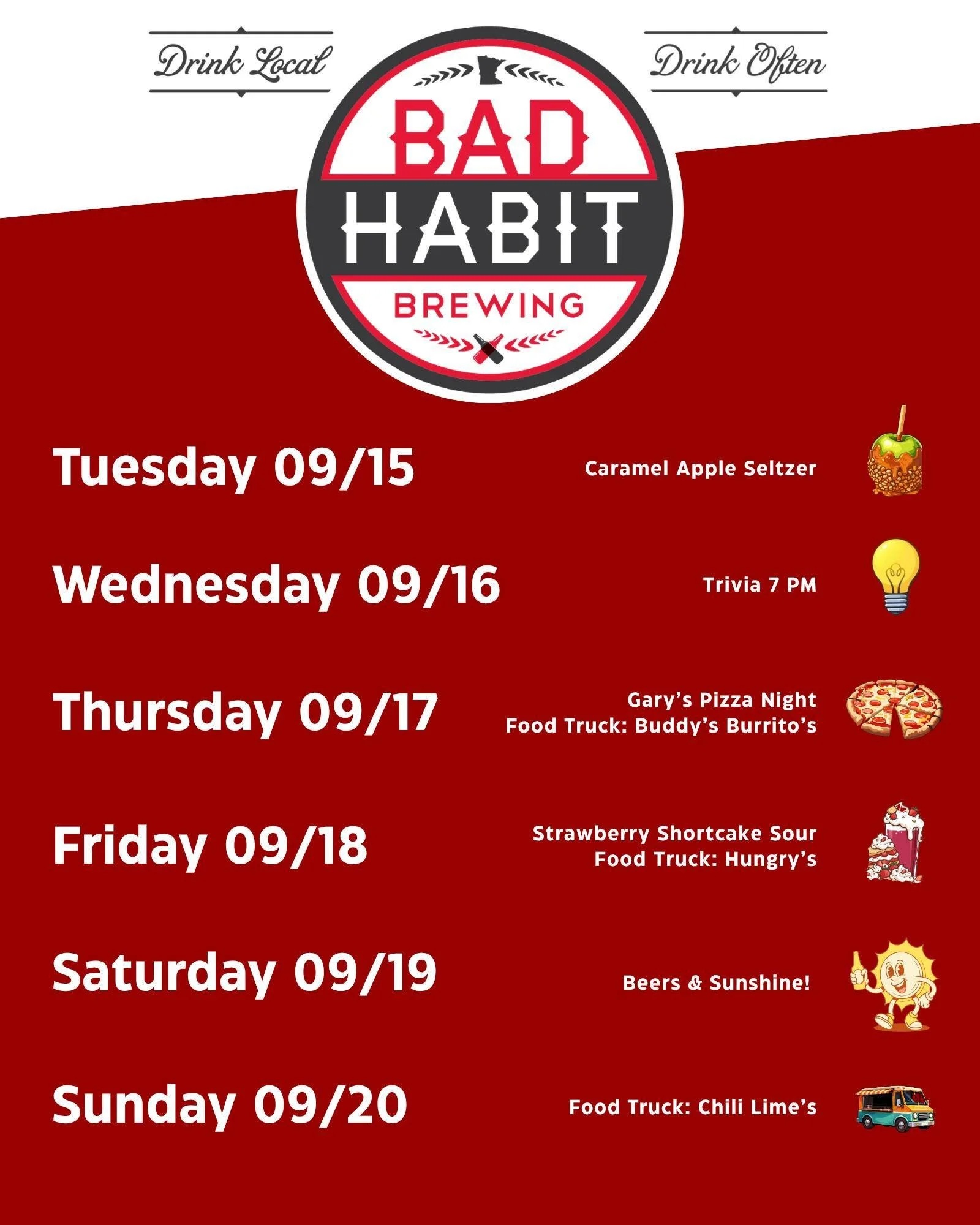 ✨This week at Bad Habit Brewing in St. Joseph, Minnesota! 

NEW Releases: Caramel Apple Seltzer and Strawberry Shortcake Sour
Food Trucks: Chili Lime's, Hungry's, and Buddy's Burrito's
Staples: Trivia and Gary's Pizza Night

#badhabitbrewing #visitjo