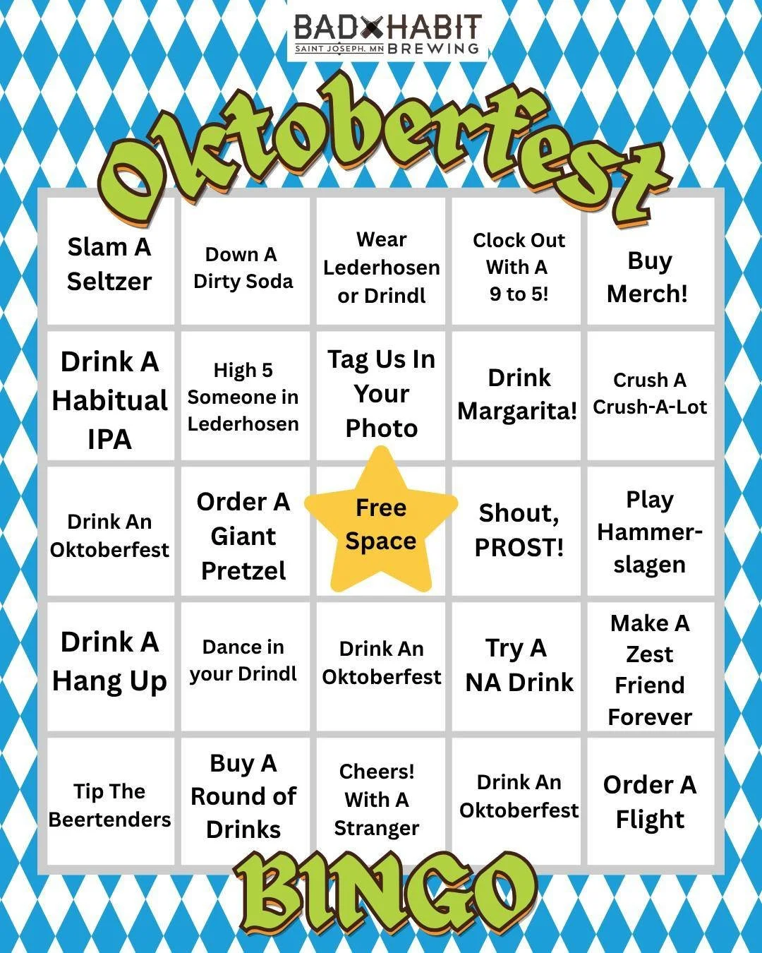 21 drinks on tap and a board full of solid choices (and questionable decisions). 🥨✨

Look at the card and tell us: Which square are you marking off first&mdash;Drink an Oktoberfest Beer, Order a Giant Pretzel, or shouting PROST? Drop it below! 👇

#