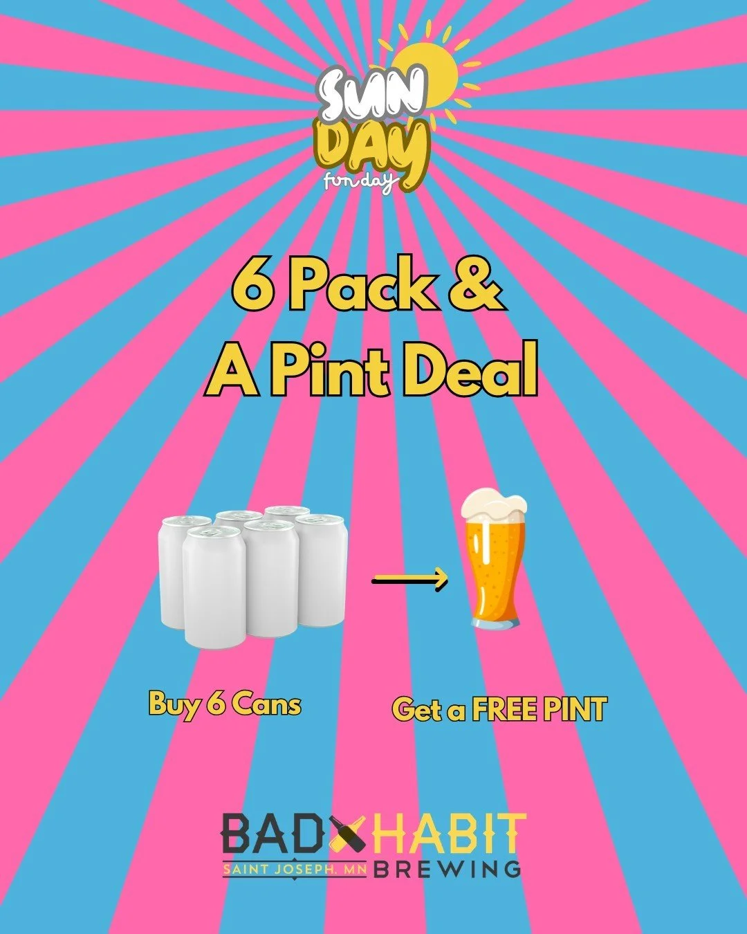 Today's Special: 6 Pack and a Pint 

Buy 6 cans and get a pint to enjoy in the taproom before you go! 

#badhabitbrewing #visitjoetown #6PKandaPint #drinklocal #sundayfunday