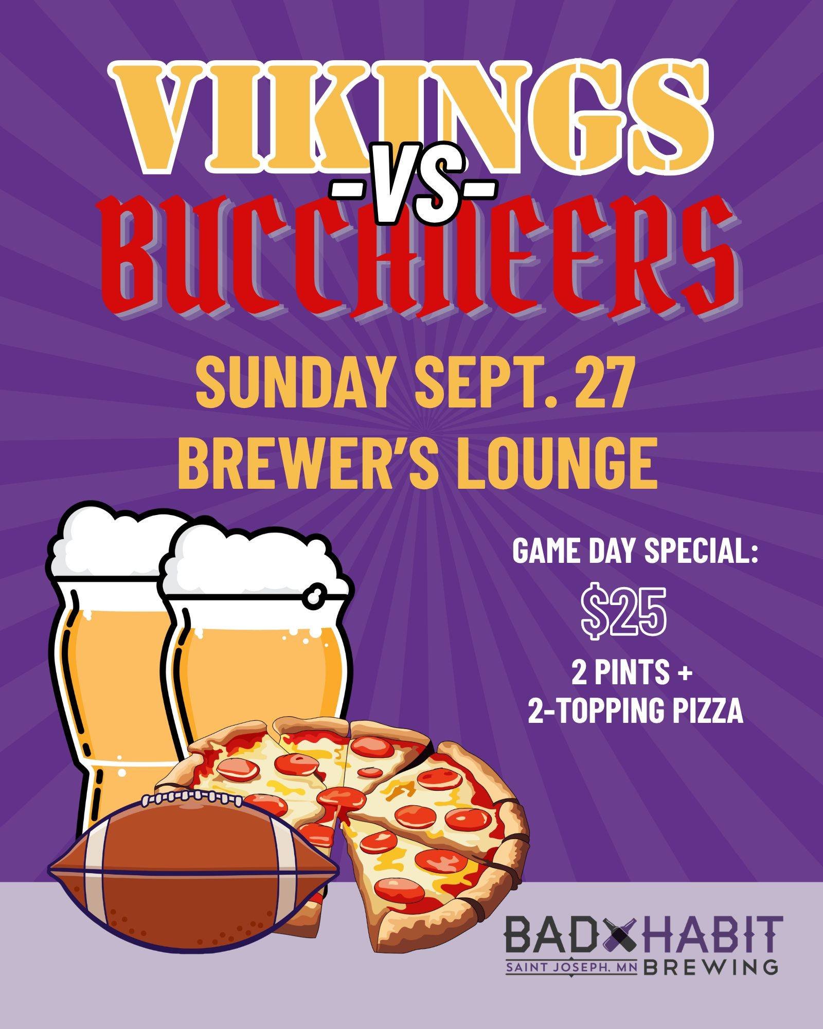 Let's Go Vikes! Kick off at 3:05, pizza special all day. Order in the taproom. 

#badhabitbrewing #visitjoetown #mnvikings #gameday #pizzaspecial