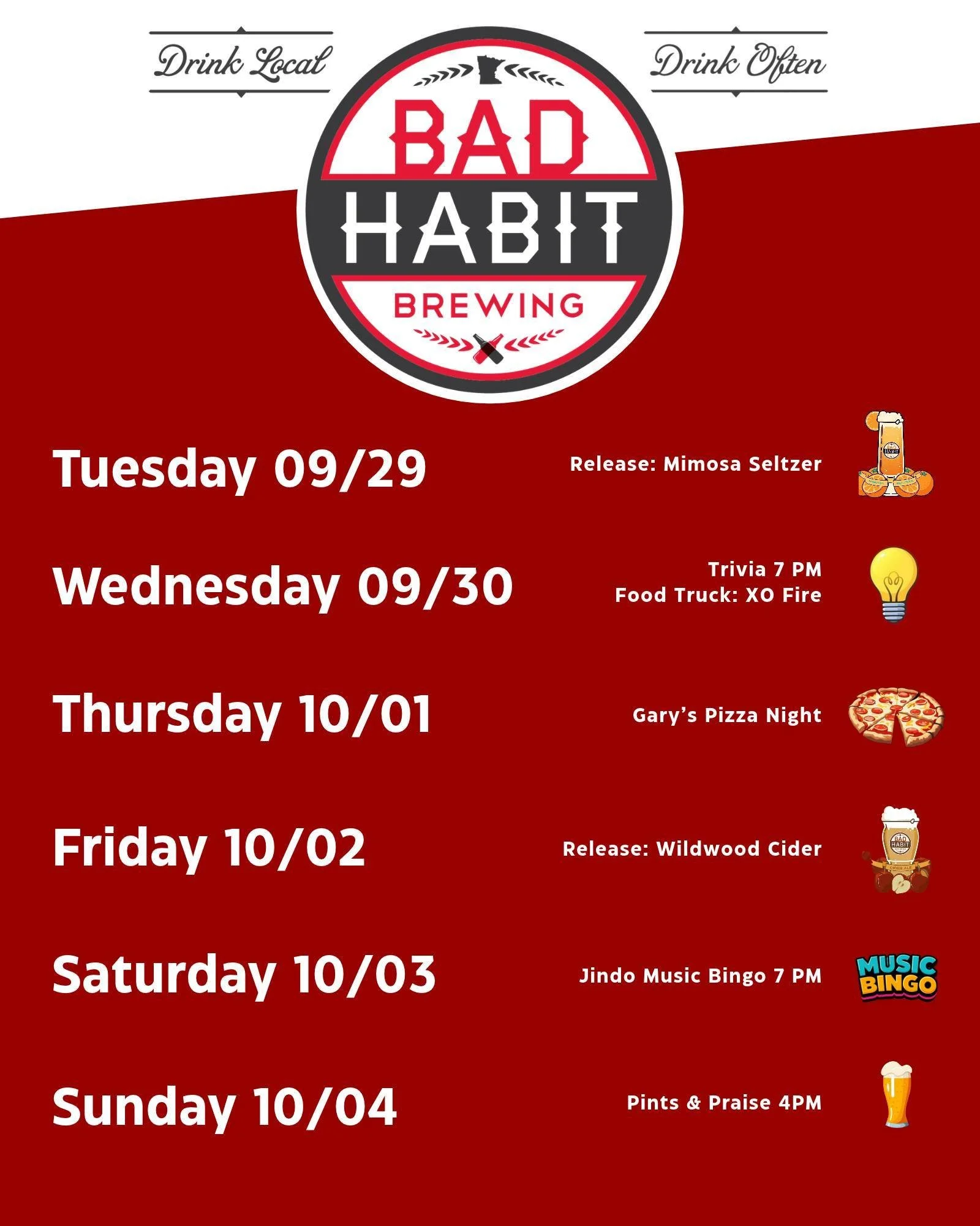 This week at Bad Habit Brewing in St. Joseph, MN... 

Releases: Mimosa, Wildwood Cider
Events: Trivia, Music Bingo, Pints &amp; Praise
Food: Gary's Pizza Night, XO Fire

#badhabitbrewing #visitjoetown #events #mnevents #drinklocal #community