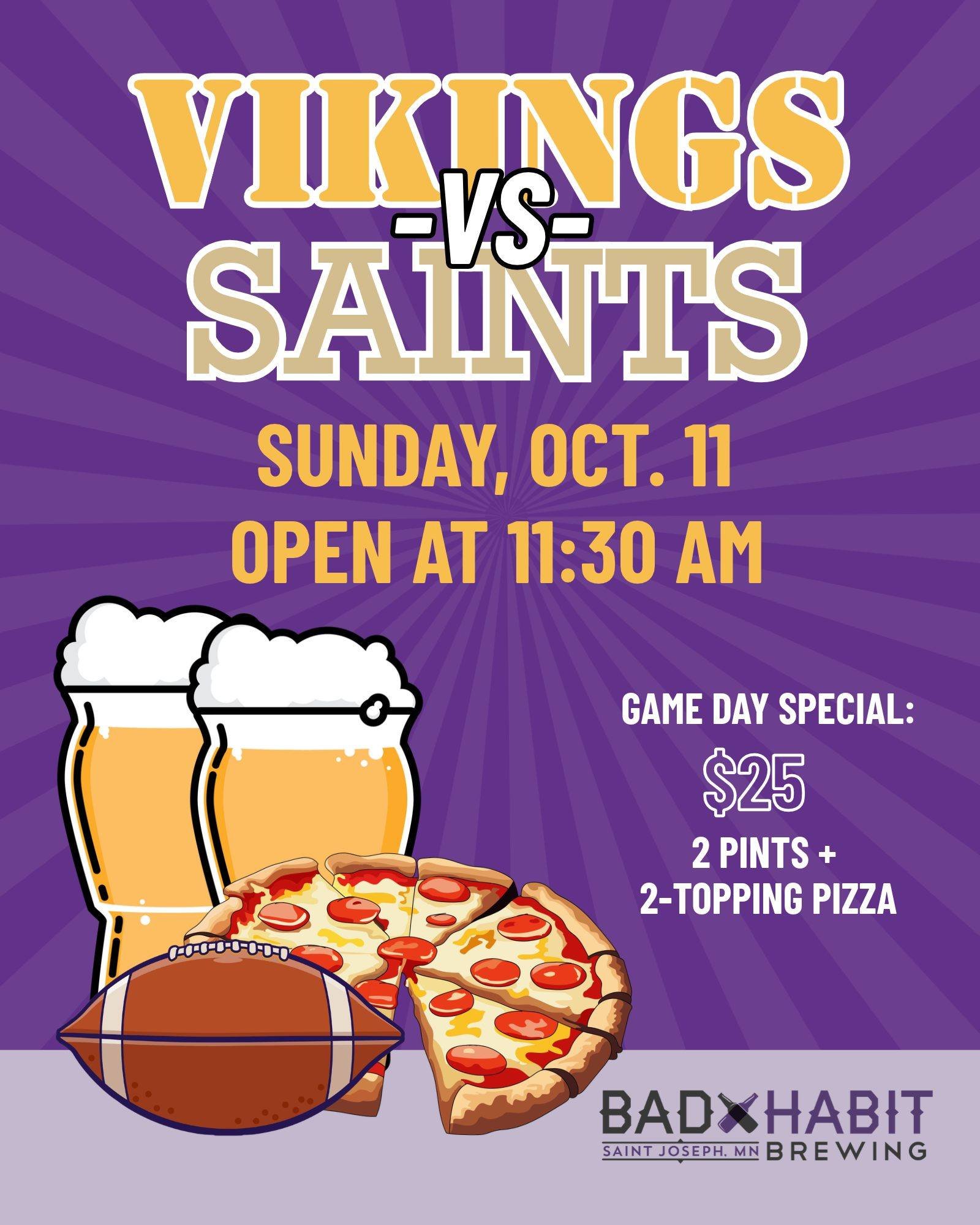 SKOL! 🏈🍻 We&rsquo;re opening early at 11:30 AM this Sunday in the Brewer's Lounge for the Vikings game!

Fuel up with our $25 Game Day Special:
🍕 1 Medium 2-Topping Pizza
🍺 2 Fresh Pints of craft beer

Doors open early&mdash;get here to grab a se
